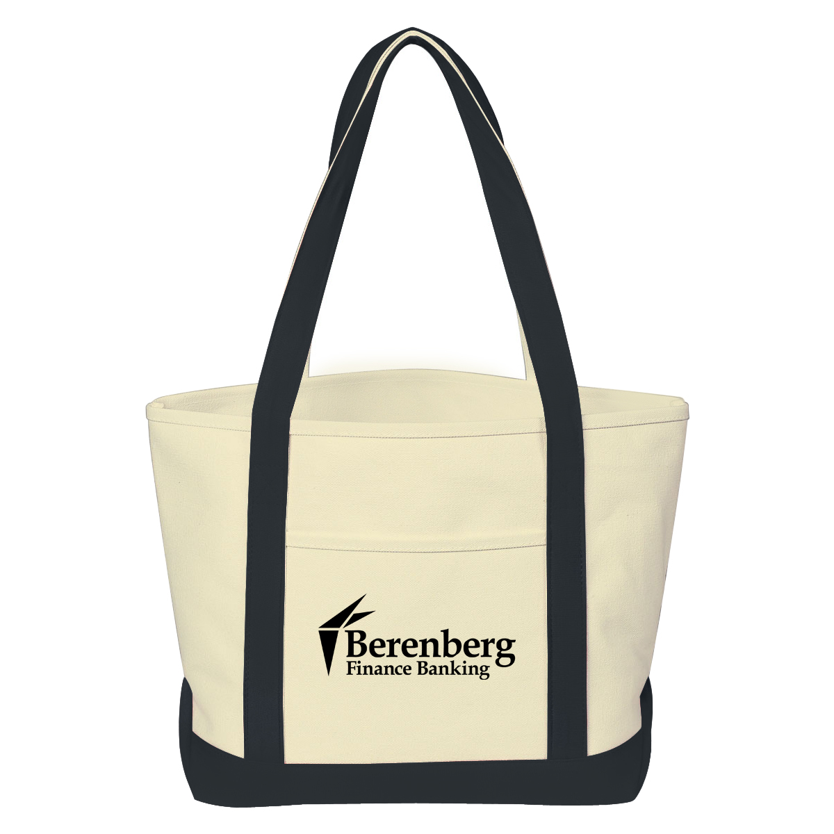 Natural recycled cotton canvas tote bag with black trim and handles, front pocket, heavyweight construction, and eco-friendly reusable design.