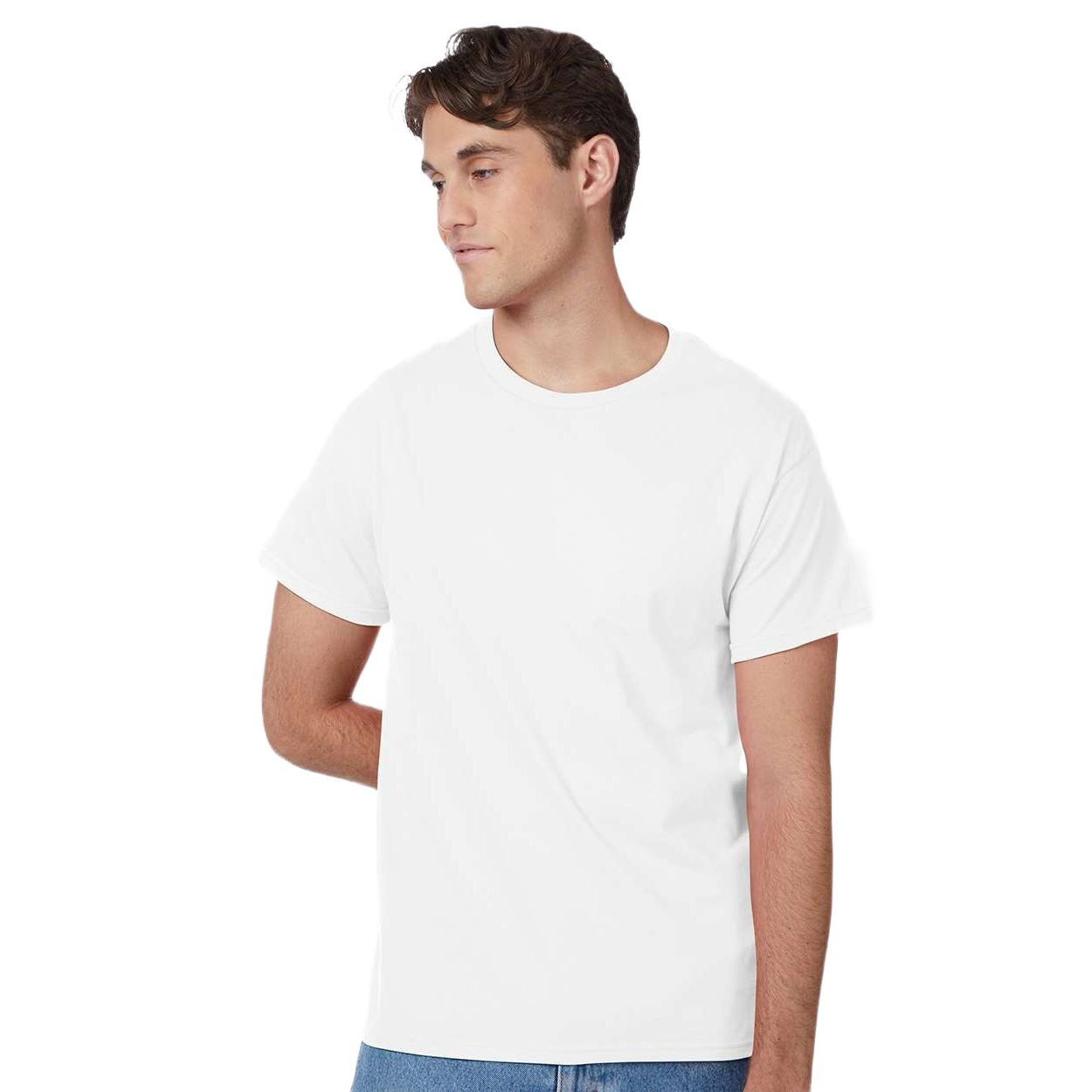 White cotton jersey t-shirt featuring a classic fit, ribbed crewneck, short sleeves, and durable double-needle construction.