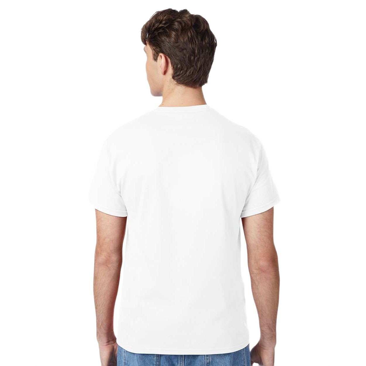 White cotton jersey t-shirt featuring a classic fit, ribbed crewneck, short sleeves, and durable double-needle construction.