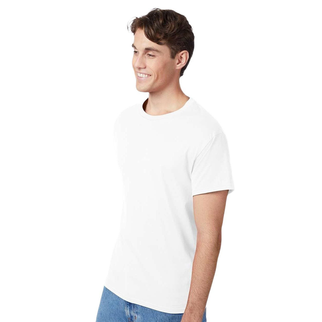 White cotton jersey t-shirt featuring a classic fit, ribbed crewneck, short sleeves, and durable double-needle construction.