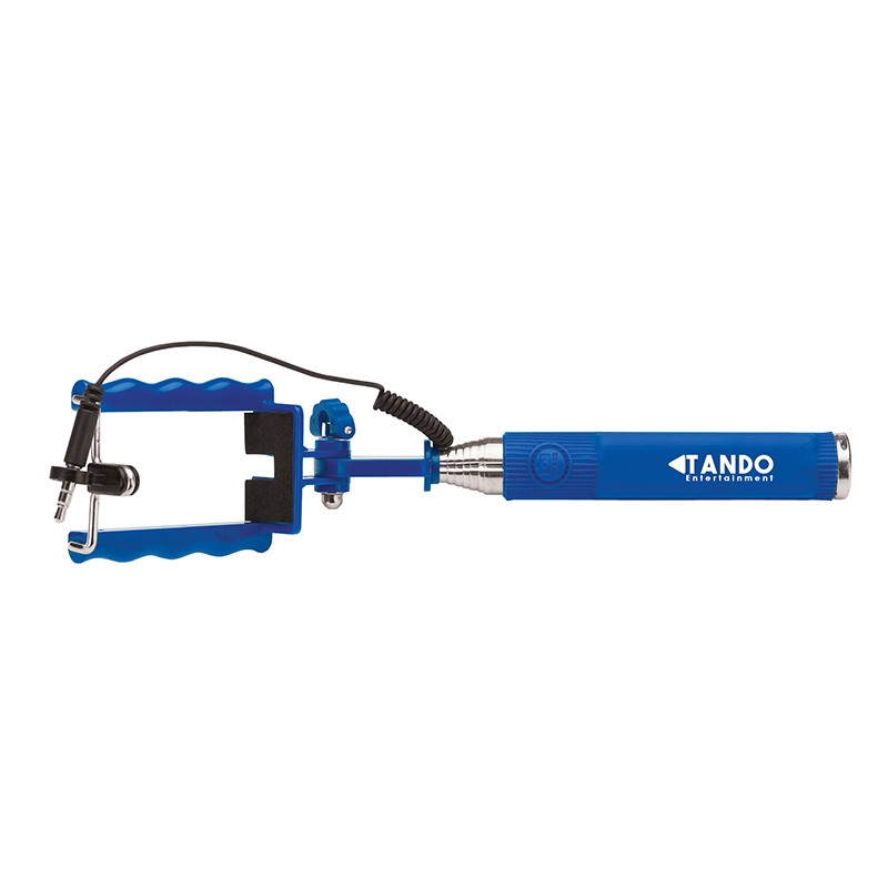 Blue Snap Compact Selfie Stick, featuring a compact stainless steel telescoping handle with a ribbed silicone grip, spring-loaded smartphone clamp, wrist strap, and built-in shutter button for capturing selfies and group photos.