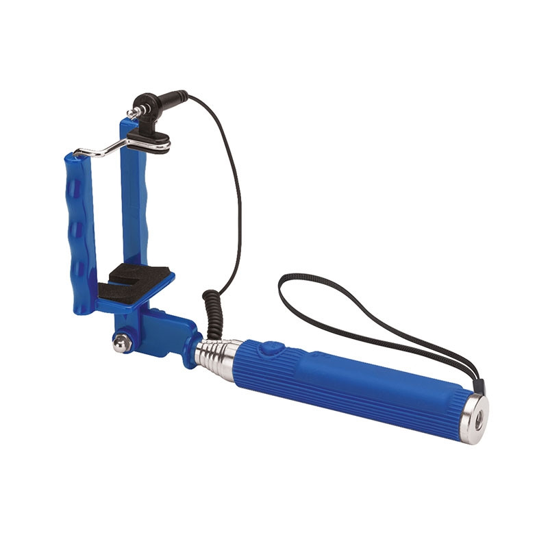 Blue Snap Compact Selfie Stick, featuring a compact stainless steel telescoping handle with a ribbed silicone grip, spring-loaded smartphone clamp, wrist strap, and built-in shutter button for capturing selfies and group photos.