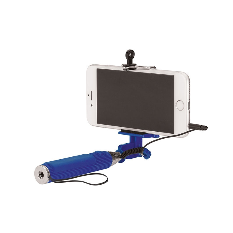 Blue Snap Compact Selfie Stick, featuring a compact stainless steel telescoping handle with a ribbed silicone grip, spring-loaded smartphone clamp, wrist strap, and built-in shutter button for capturing selfies and group photos.