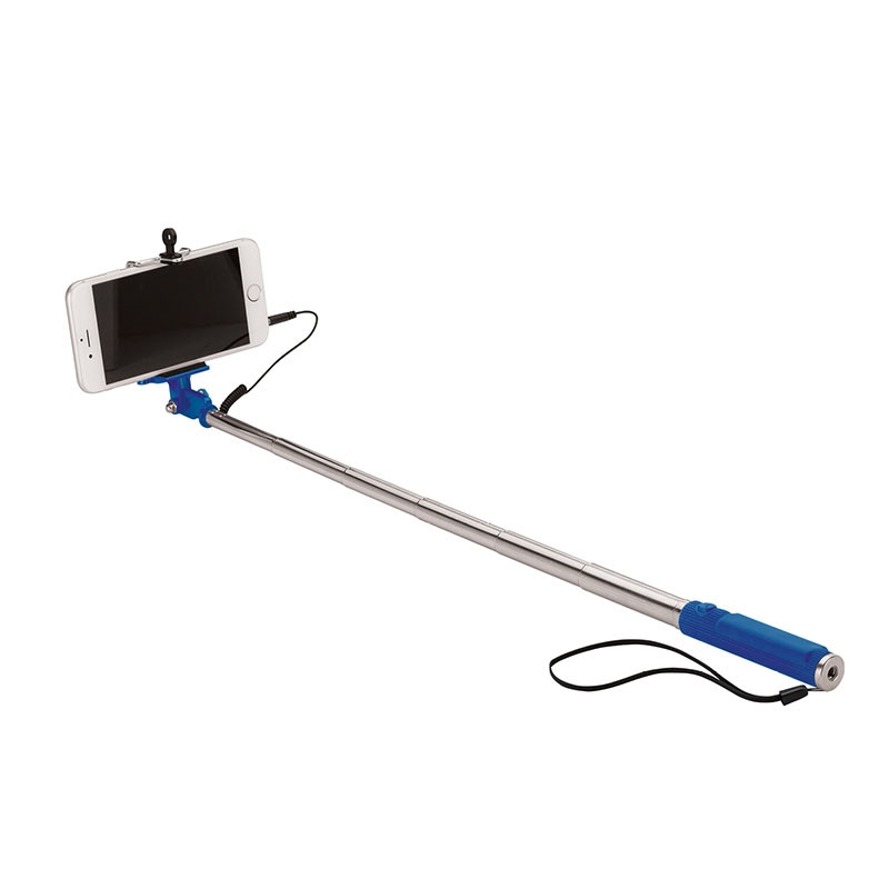 Blue Snap Compact Selfie Stick, featuring a compact stainless steel telescoping handle with a ribbed silicone grip, spring-loaded smartphone clamp, wrist strap, and built-in shutter button for capturing selfies and group photos.