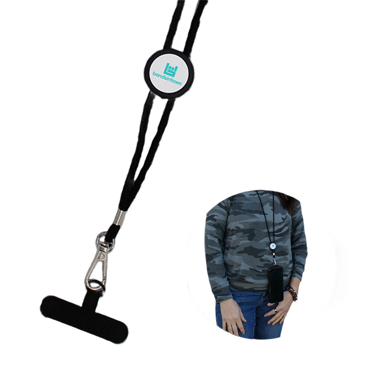Black NFC-enabled lanyard with adjustable NFC tag, integrated phone holder, and custom logo imprint displayed on a white background.