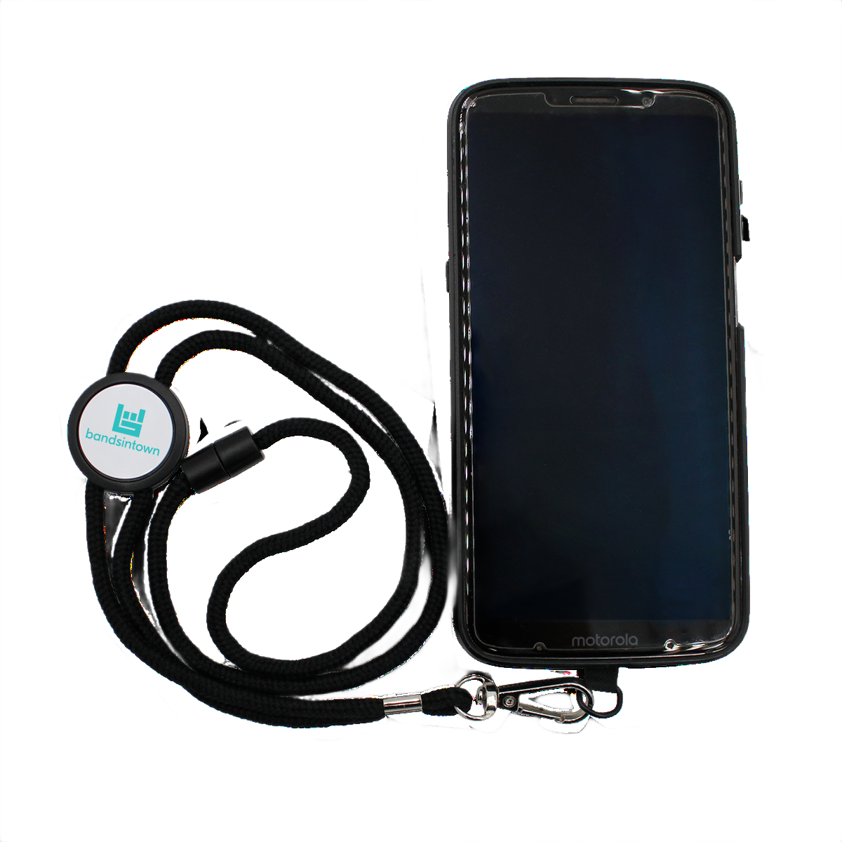 Black NFC-enabled lanyard with adjustable NFC tag, integrated phone holder, and custom logo imprint displayed on a white background.
