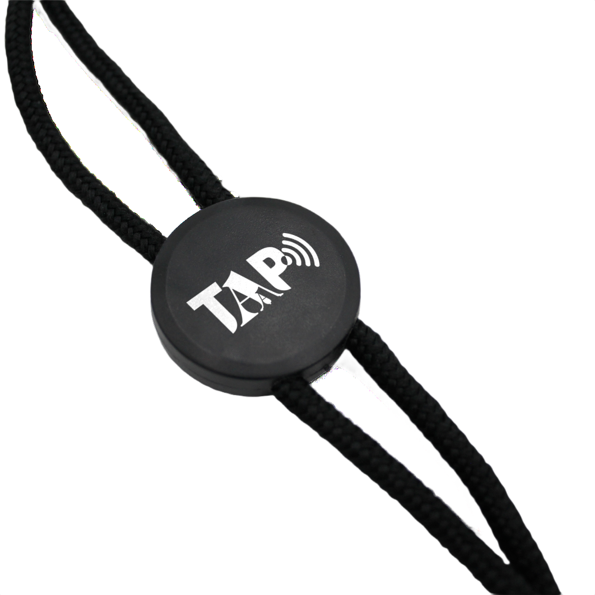 Black NFC-enabled lanyard with adjustable NFC tag, integrated phone holder, and custom logo imprint displayed on a white background.