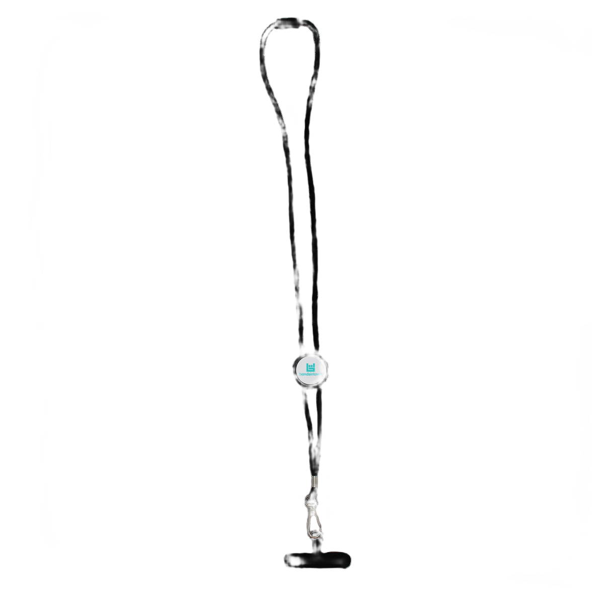 Black NFC-enabled lanyard with adjustable NFC tag, integrated phone holder, and custom logo imprint displayed on a white background.