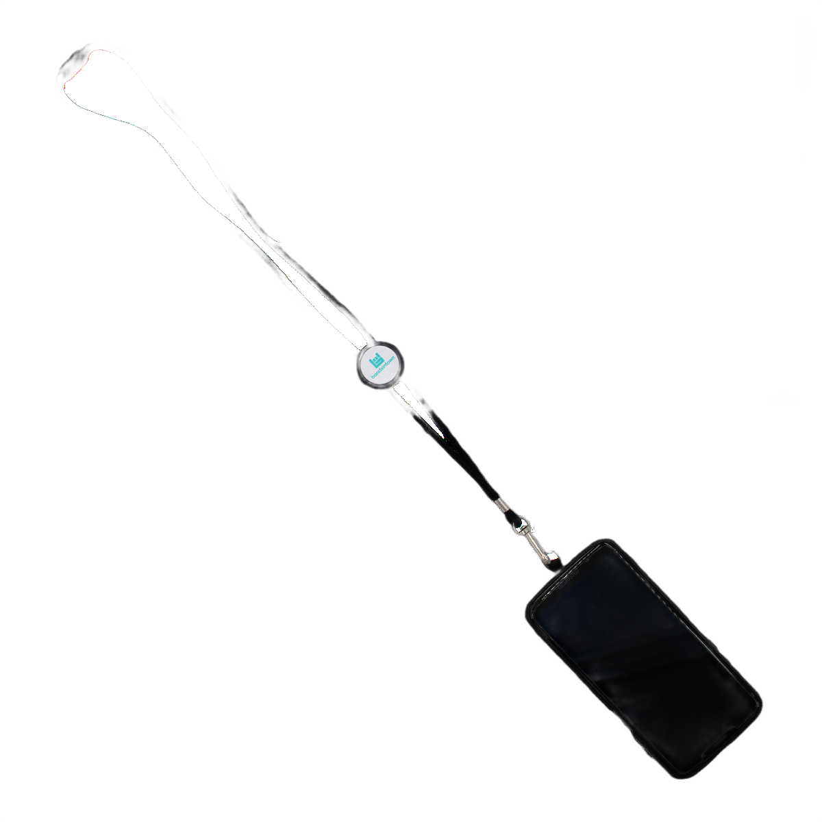 Black NFC-enabled lanyard with adjustable NFC tag, integrated phone holder, and custom logo imprint displayed on a white background.