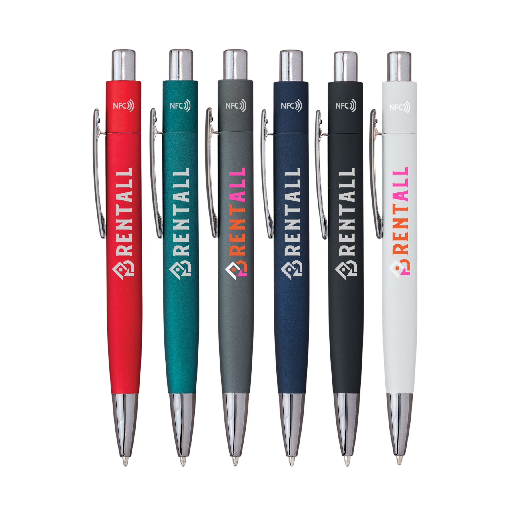 NFC Scribe pen, featuring a sleek metal barrel with a soft-touch finish, gunmetal trim accents, retractable ballpoint tip, and built-in NFC technology for tap-to-connect digital interactions, business networking, and everyday writing.