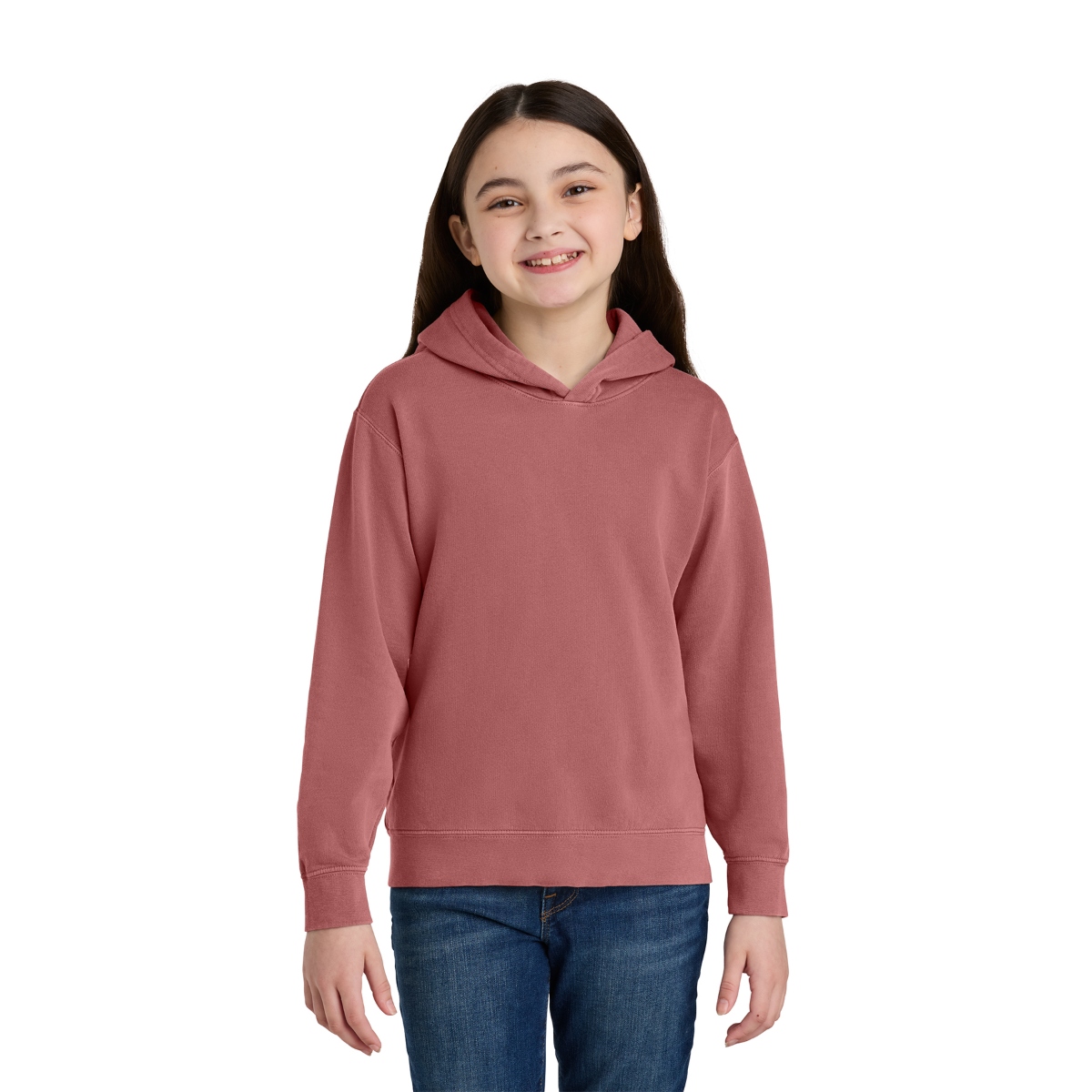 Crimson garment-dyed hooded sweatshirt featuring a jersey-lined hood, rib-knit cuffs and waistband, and a relaxed-fit design for everyday comfort.