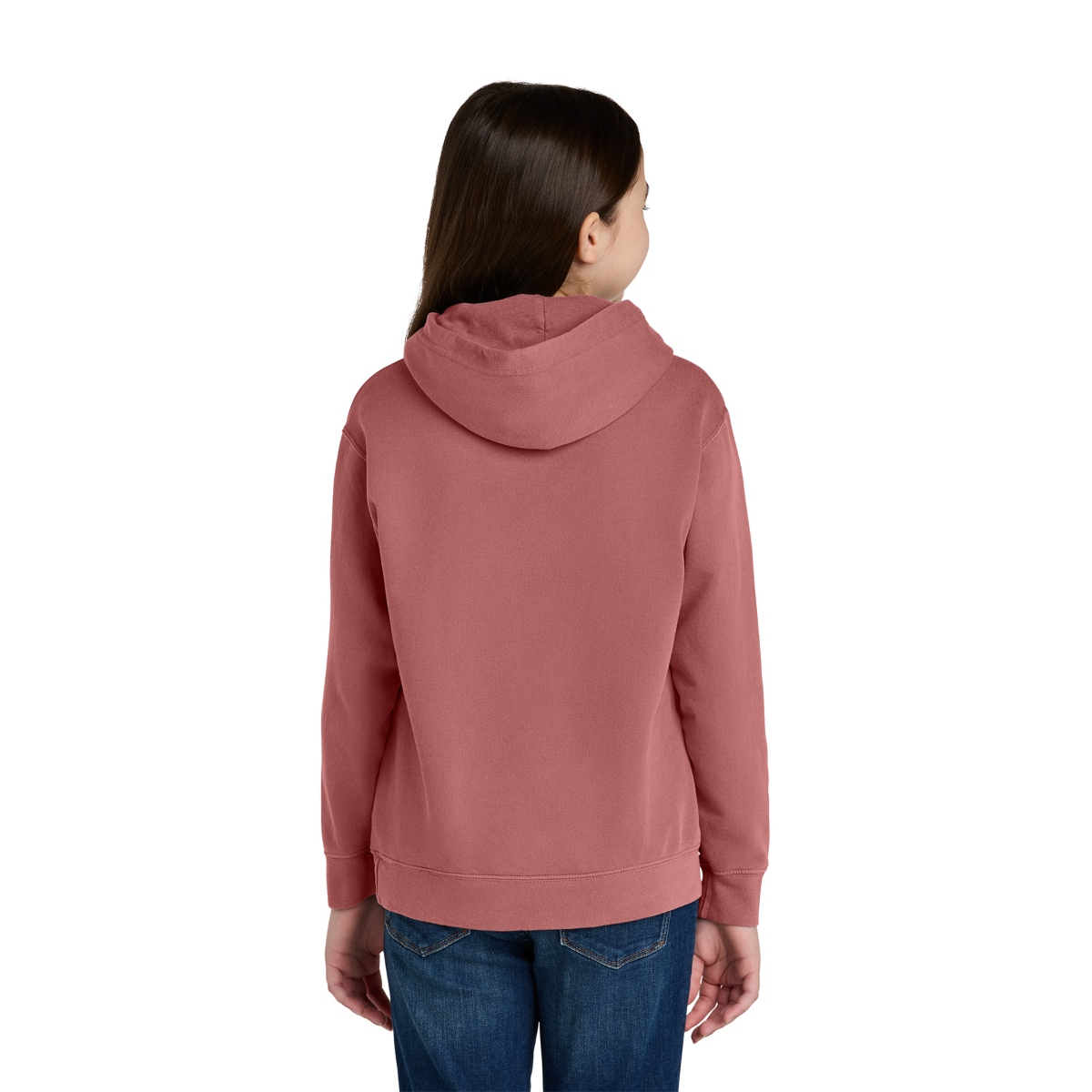 Crimson garment-dyed hooded sweatshirt featuring a jersey-lined hood, rib-knit cuffs and waistband, and a relaxed-fit design for everyday comfort.