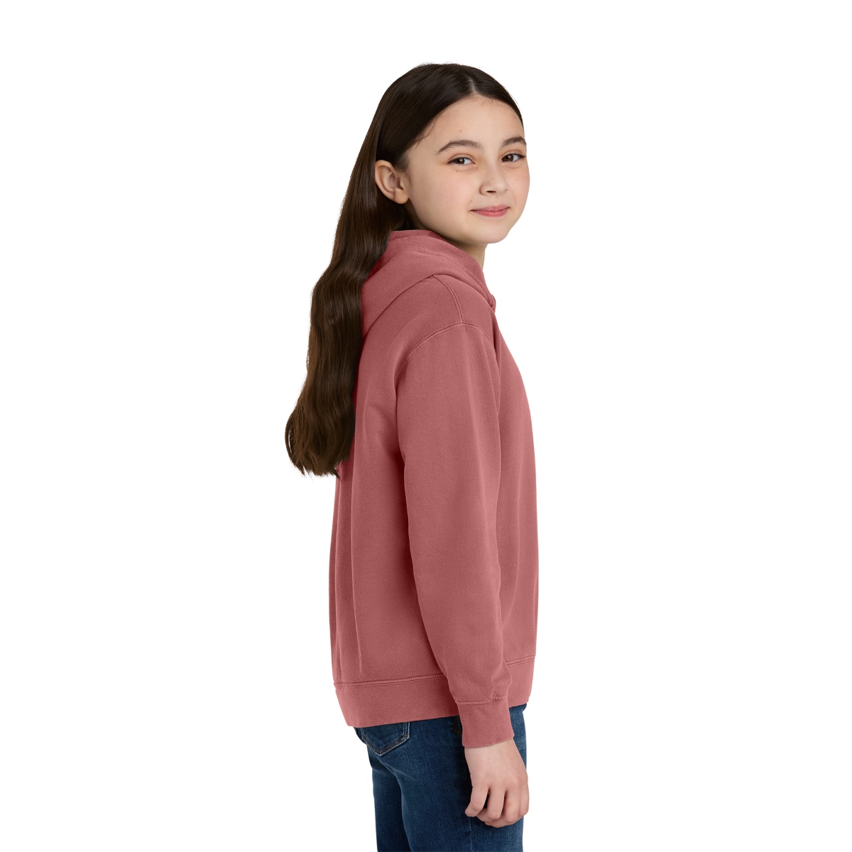Crimson garment-dyed hooded sweatshirt featuring a jersey-lined hood, rib-knit cuffs and waistband, and a relaxed-fit design for everyday comfort.