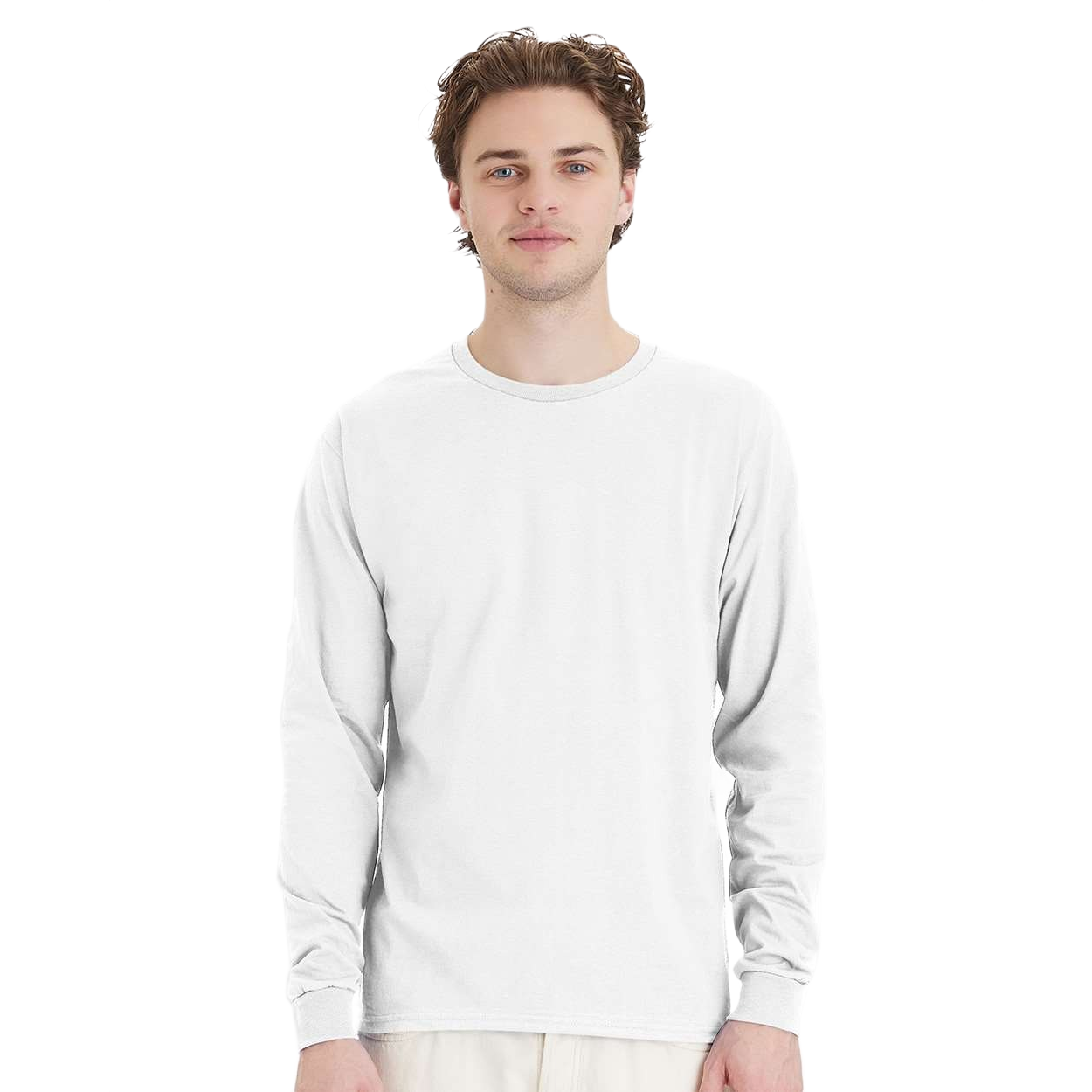 White long sleeve cotton t-shirt with ribbed crewneck, ribbed cuffs, classic fit, and tear-away label for comfortable everyday wear.