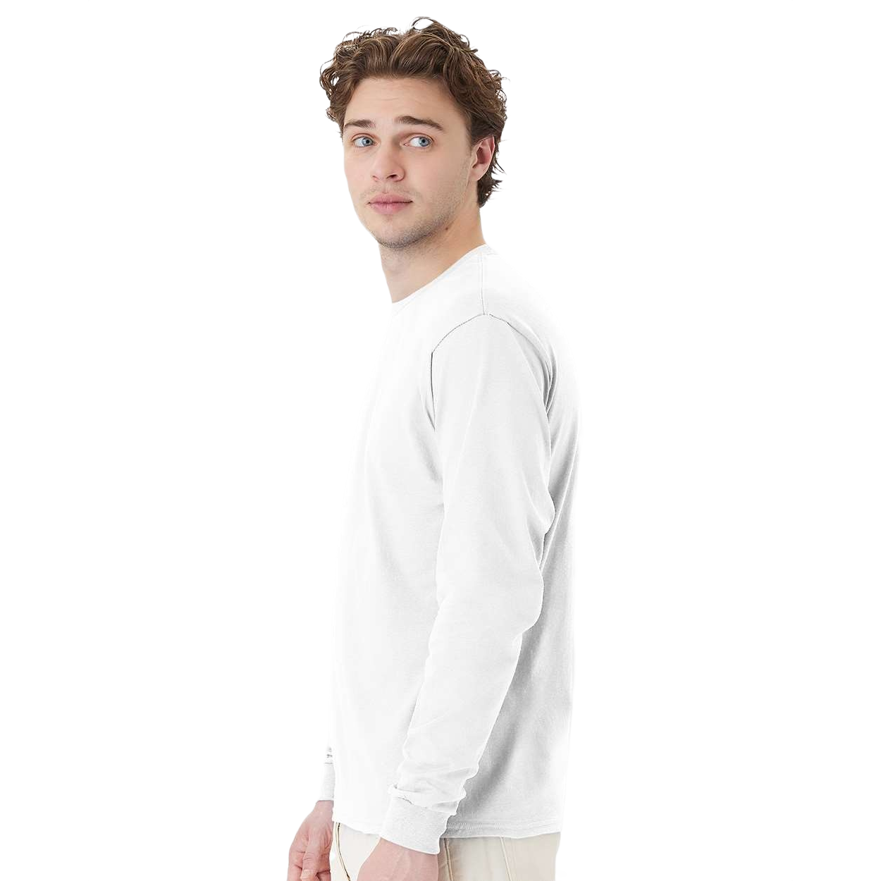 White long sleeve cotton t-shirt with ribbed crewneck, ribbed cuffs, classic fit, and tear-away label for comfortable everyday wear.