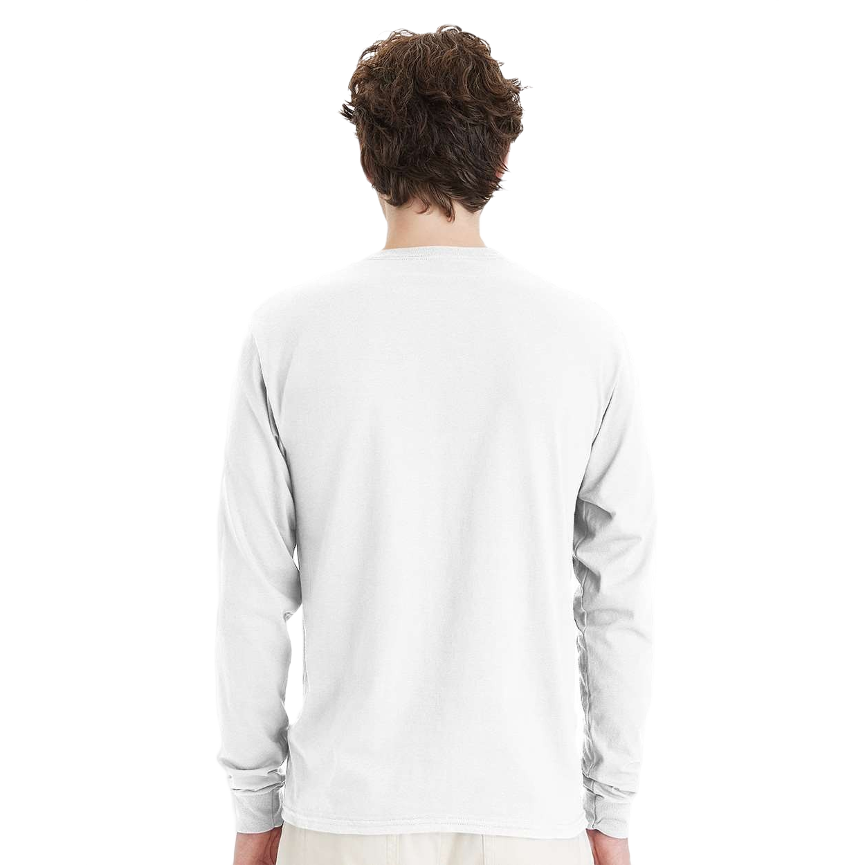 White long sleeve cotton t-shirt with ribbed crewneck, ribbed cuffs, classic fit, and tear-away label for comfortable everyday wear.