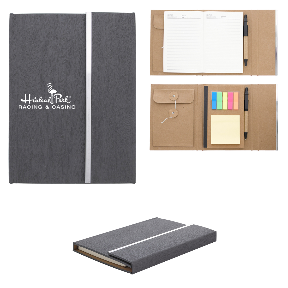 Gray Woodgrain Padfolio with Sticky Notes and Flags, featuring a woodgrain-pattern cover, notepad, assorted sticky note pads, colorful page flags, and an organized fold-open design for note-taking, planning, and office use.
