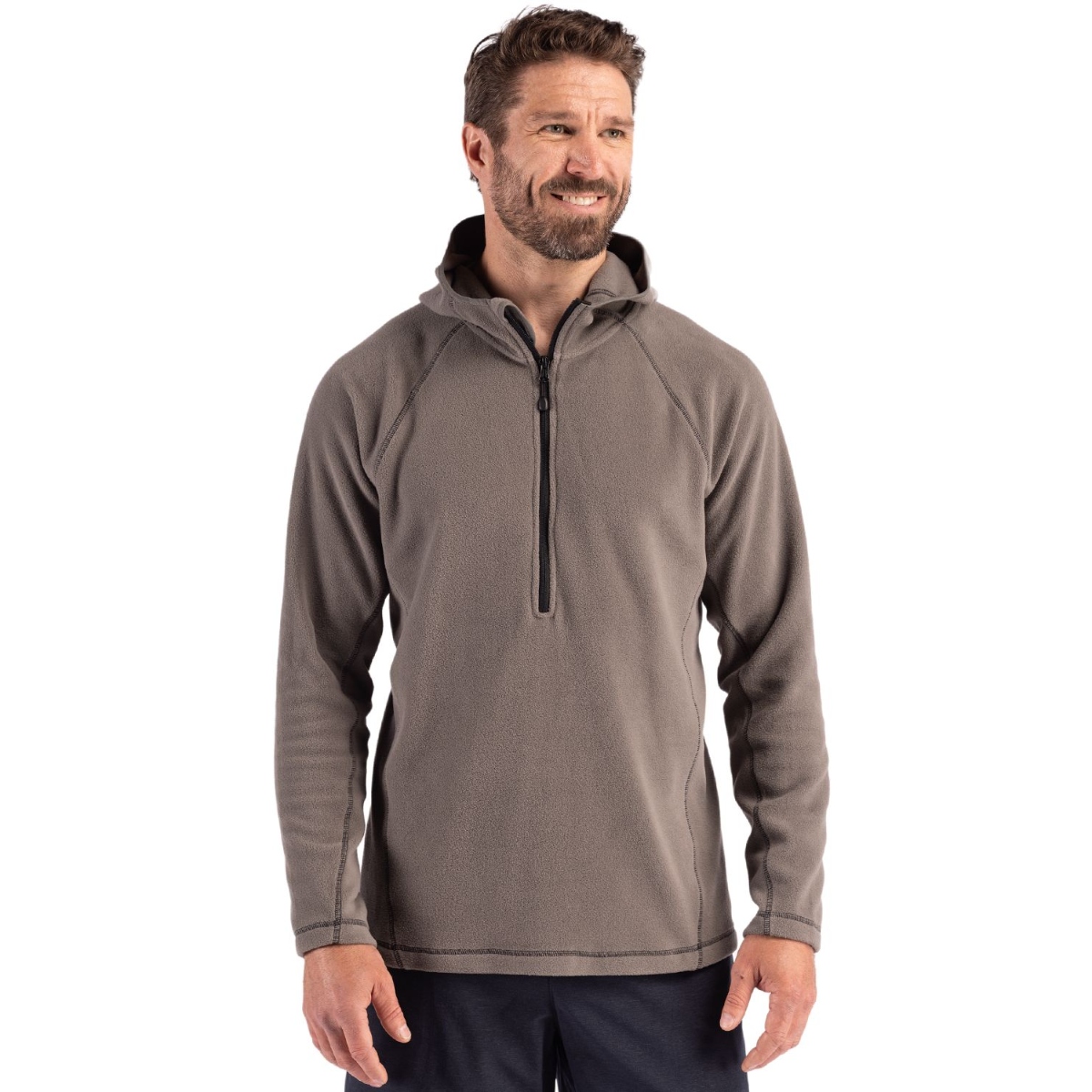 Pure Slate hooded fleece pullover featuring a half-zip front, raglan sleeves, side panels, and a clean athletic silhouette made from soft recycled polyester fleece.