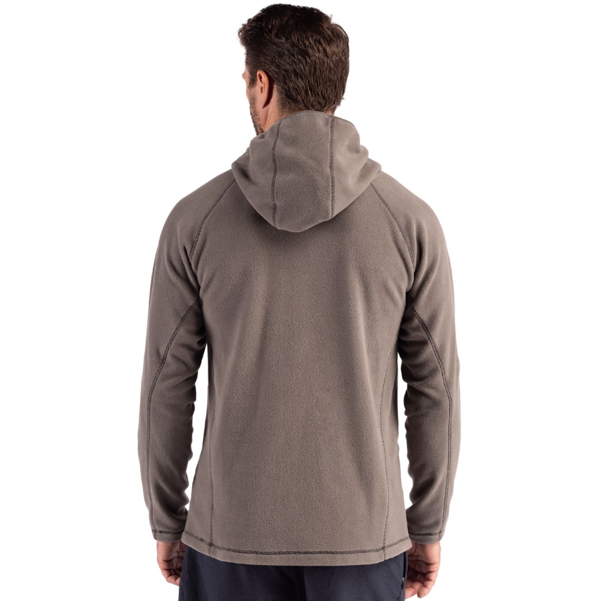 Pure Slate hooded fleece pullover featuring a half-zip front, raglan sleeves, side panels, and a clean athletic silhouette made from soft recycled polyester fleece.
