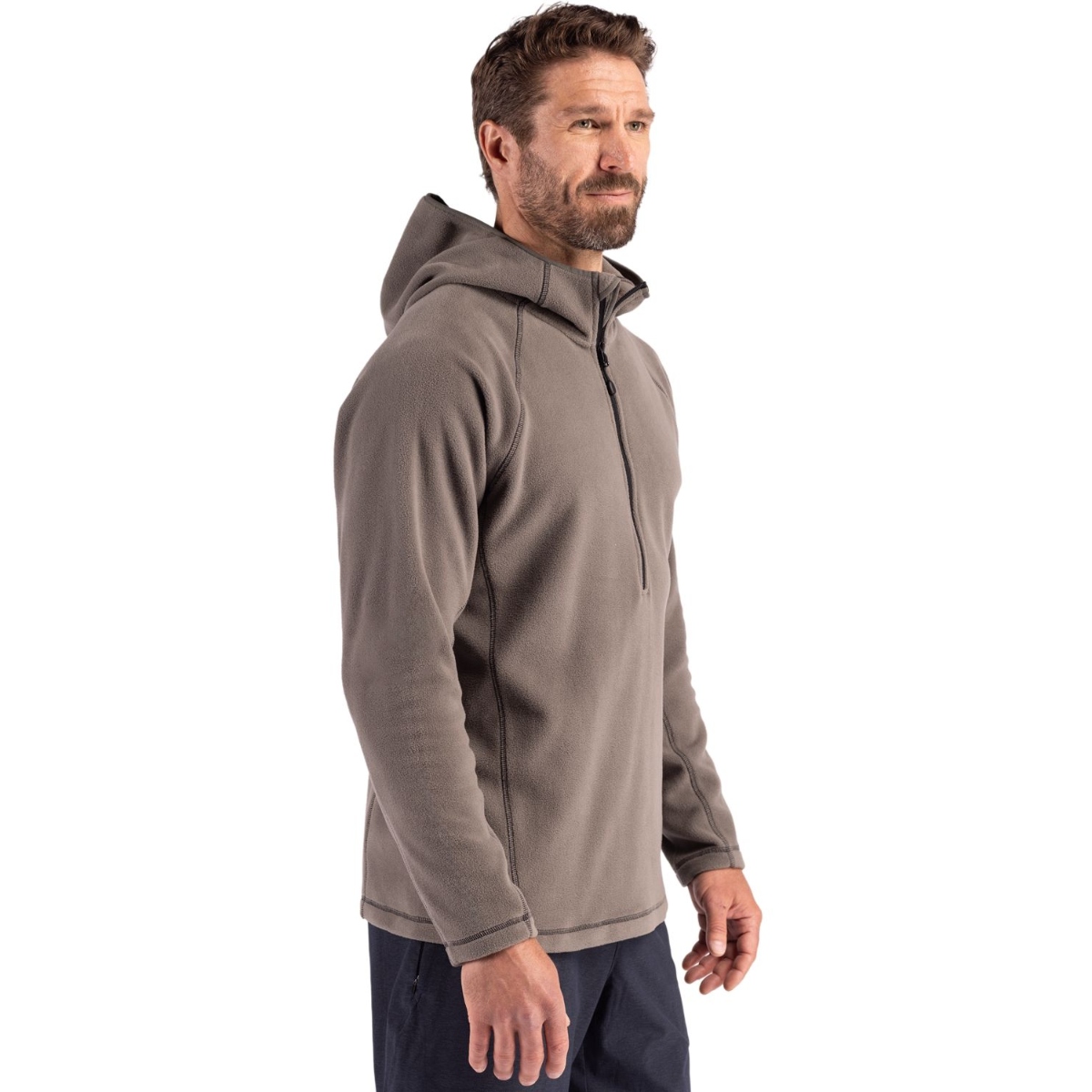 Pure Slate hooded fleece pullover featuring a half-zip front, raglan sleeves, side panels, and a clean athletic silhouette made from soft recycled polyester fleece.