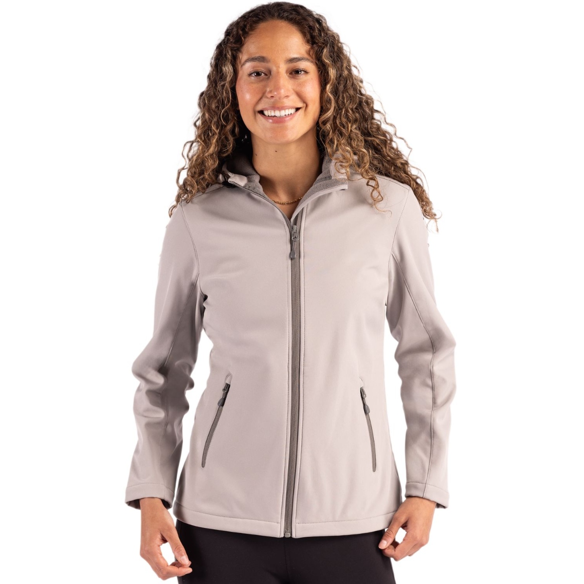 Silver Grey and Pure Slate women’s hooded softshell jacket featuring a full-zip front, contrast zipper detailing, zippered hand pockets, and a sleek stretch design with a water-repellent finish