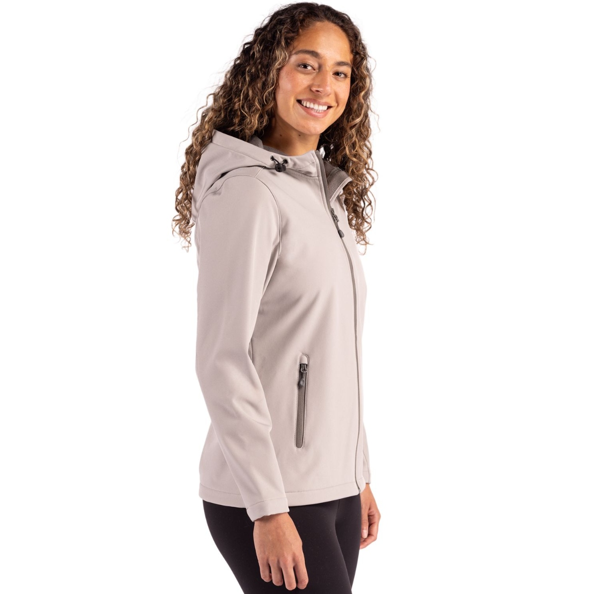 Silver Grey and Pure Slate women’s hooded softshell jacket featuring a full-zip front, contrast zipper detailing, zippered hand pockets, and a sleek stretch design with a water-repellent finish