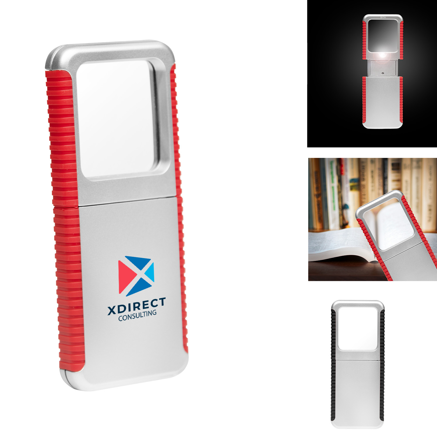 handheld magnifier with integrated LED light, ergonomic comfort grip, sliding extension design, and 3x magnification on a white background.