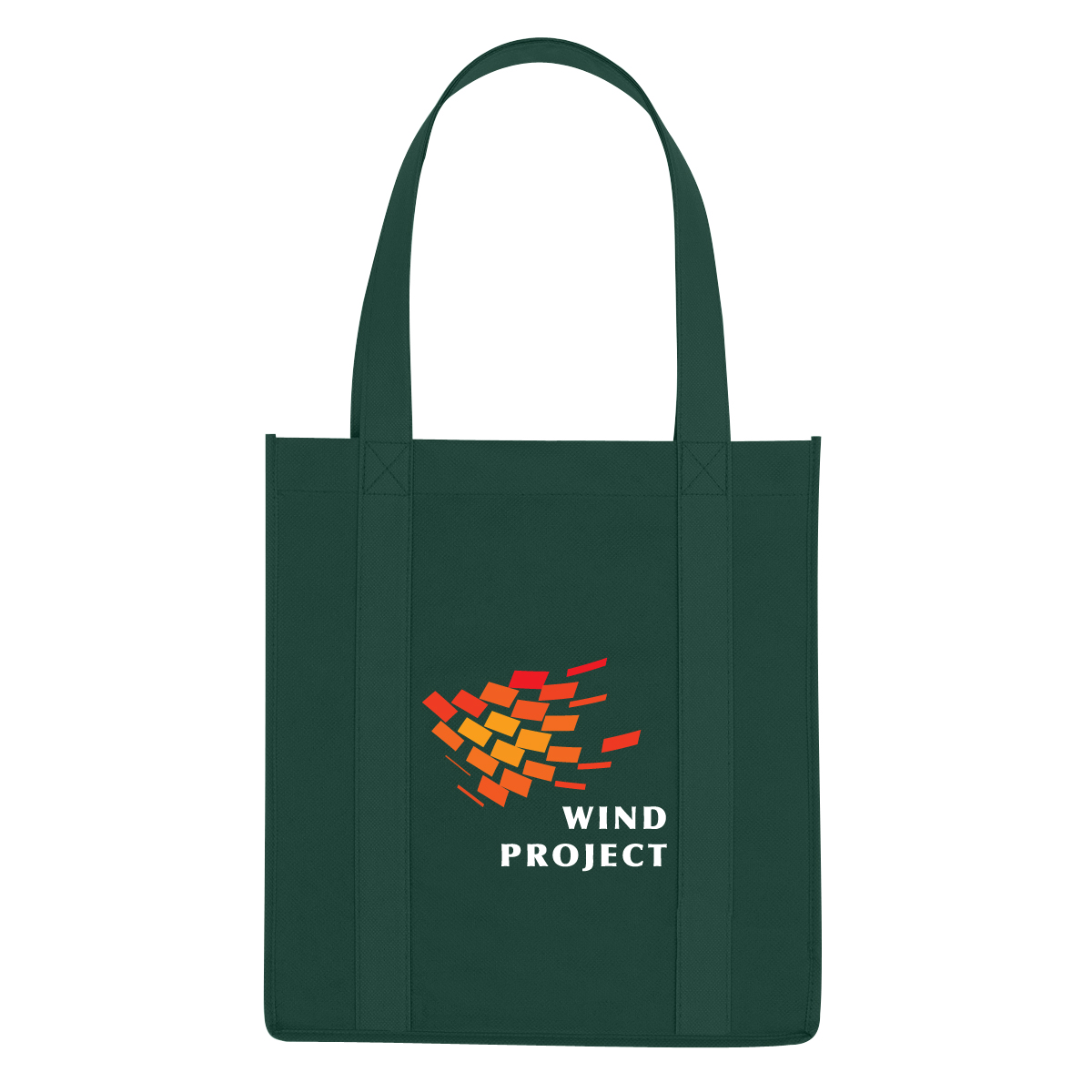 Forest green reusable non-woven tote bag with water-resistant coating, matching bottom insert, gusseted sides, and long carrying handles on a white background.