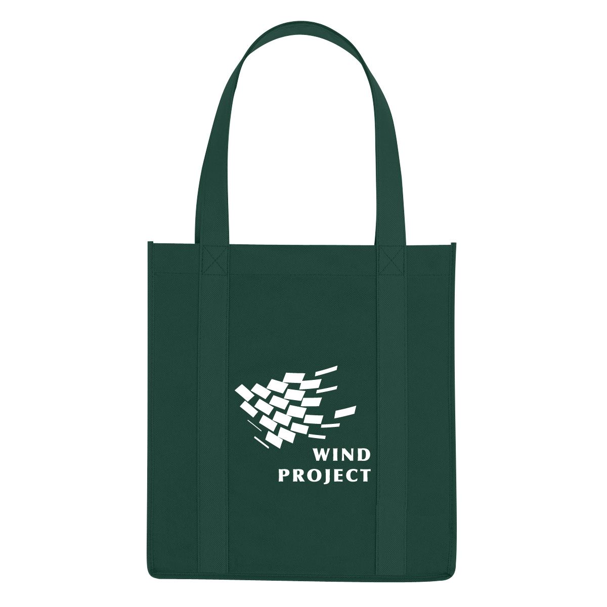 Forest green reusable non-woven tote bag with water-resistant coating, matching bottom insert, gusseted sides, and long carrying handles on a white background.
