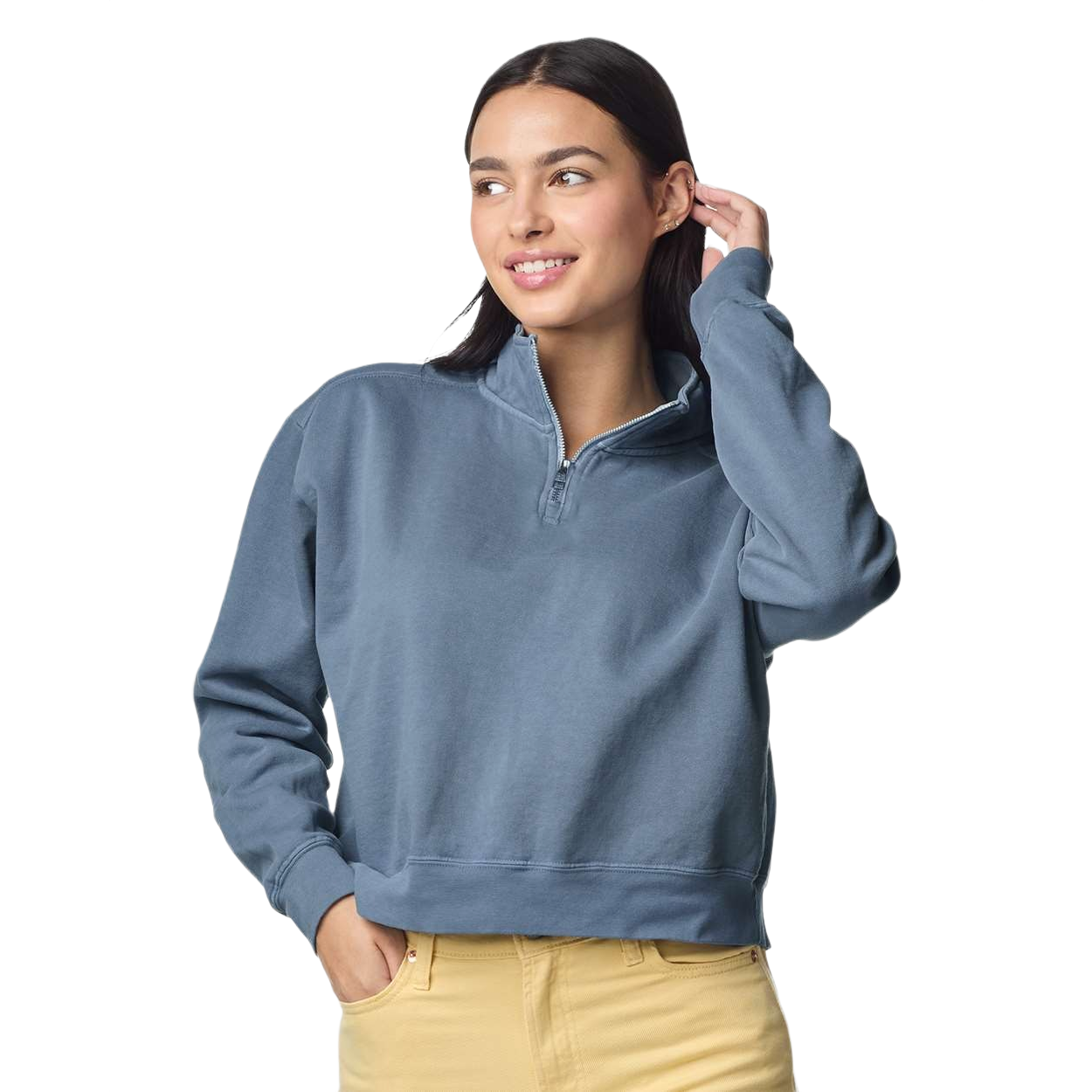 Blue Jean garment-dyed women's quarter-zip sweatshirt with a relaxed fit, self-fabric lined collar, ribbed cuffs, and heavyweight fleece construction.