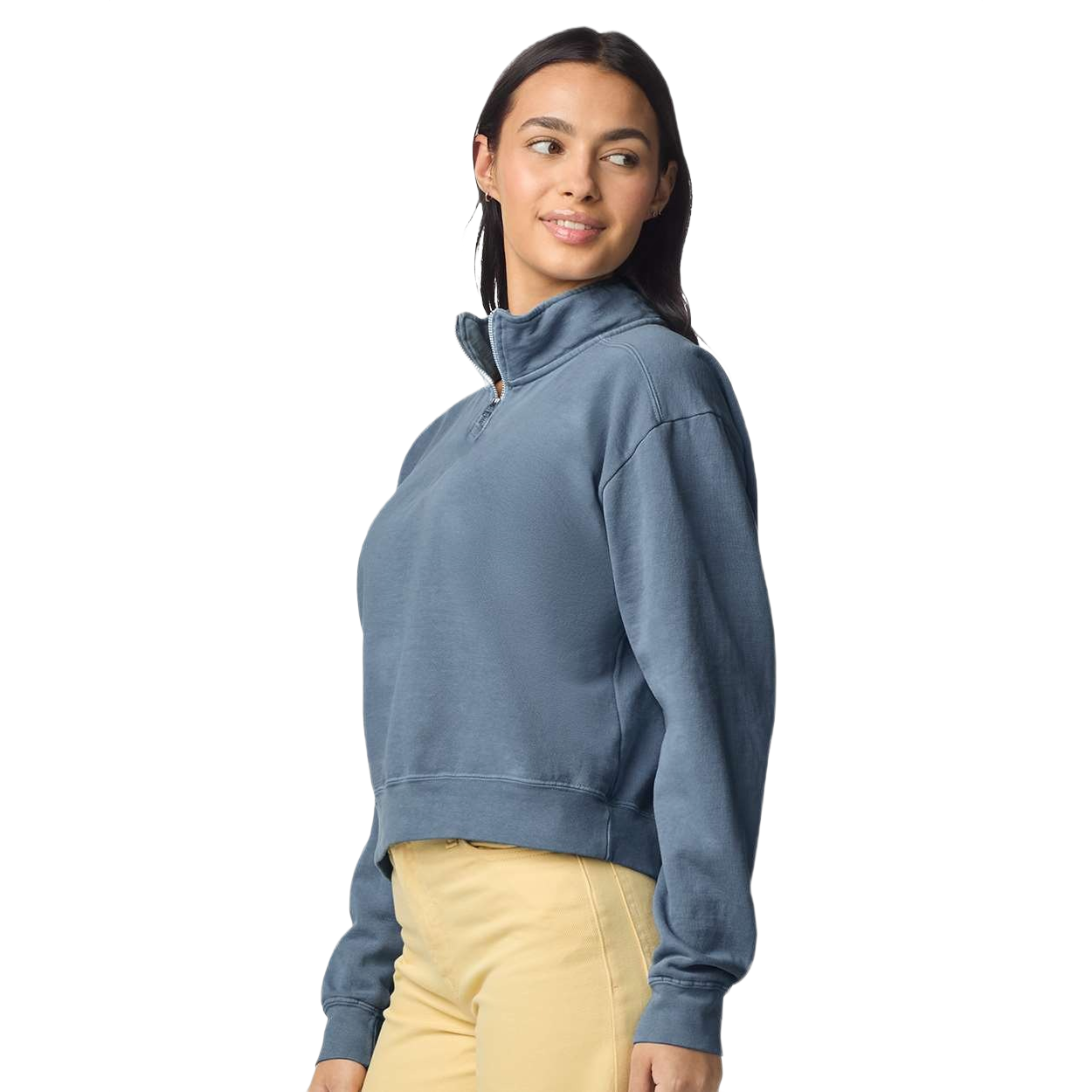 Blue Jean garment-dyed women's quarter-zip sweatshirt with a relaxed fit, self-fabric lined collar, ribbed cuffs, and heavyweight fleece construction.
