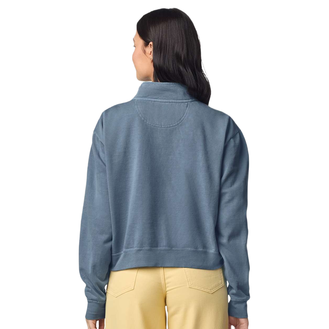Blue Jean garment-dyed women's quarter-zip sweatshirt with a relaxed fit, self-fabric lined collar, ribbed cuffs, and heavyweight fleece construction.