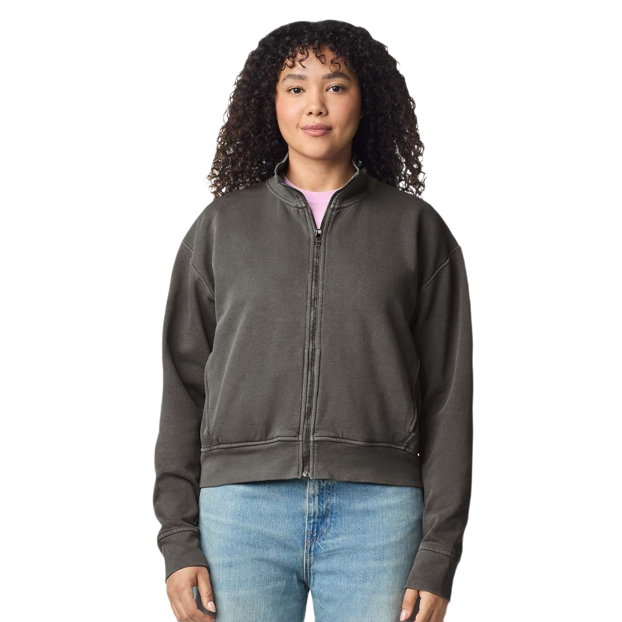 Pepper garment-dyed women's full-zip jacket made from ring-spun cotton and polyester fleece with a stand-up rib collar, full front zipper, relaxed fit, rib-knit cuffs, and waistband.