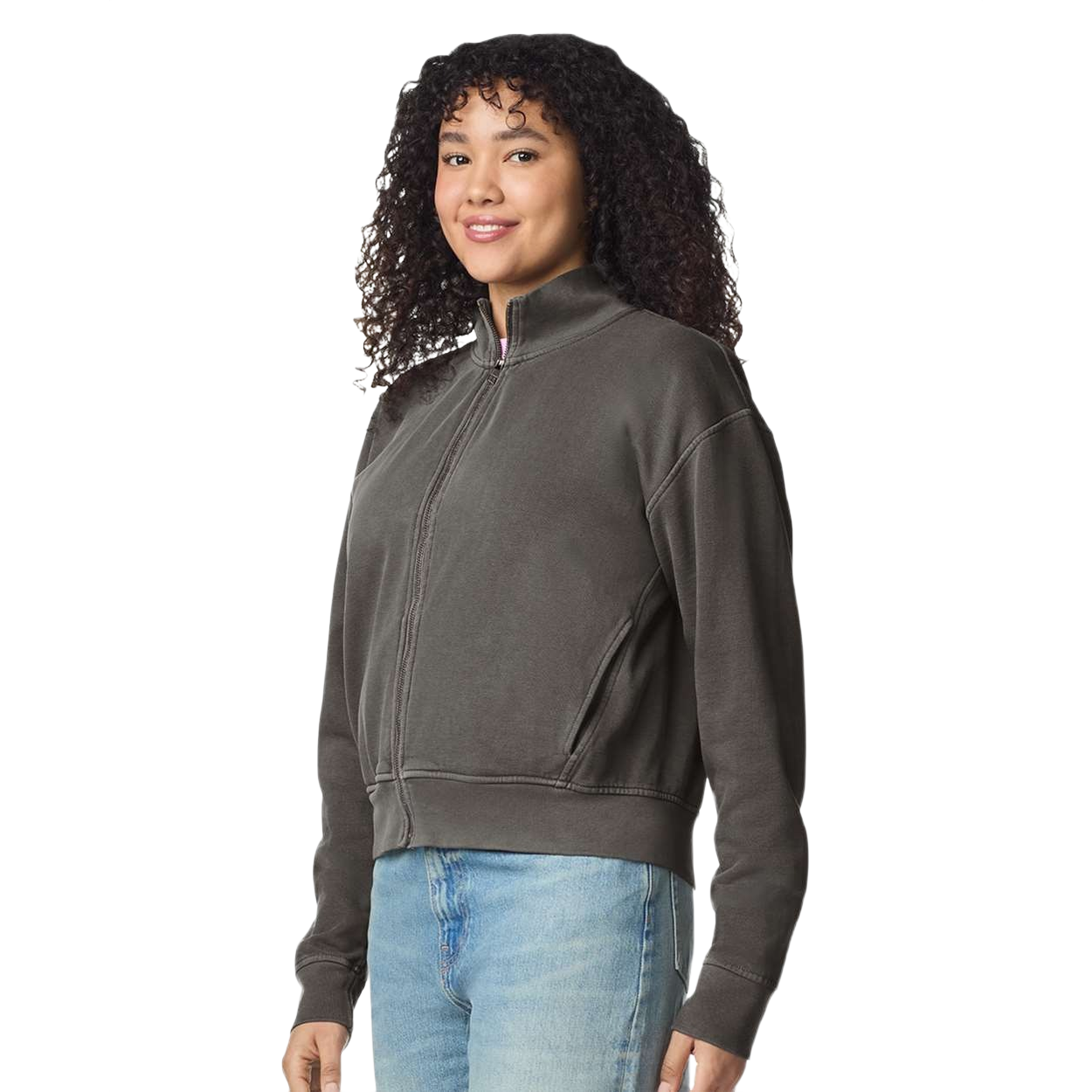 Pepper garment-dyed women's full-zip jacket made from ring-spun cotton and polyester fleece with a stand-up rib collar, full front zipper, relaxed fit, rib-knit cuffs, and waistband.