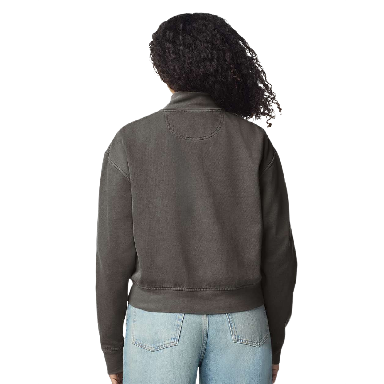 Pepper garment-dyed women's full-zip jacket made from ring-spun cotton and polyester fleece with a stand-up rib collar, full front zipper, relaxed fit, rib-knit cuffs, and waistband.