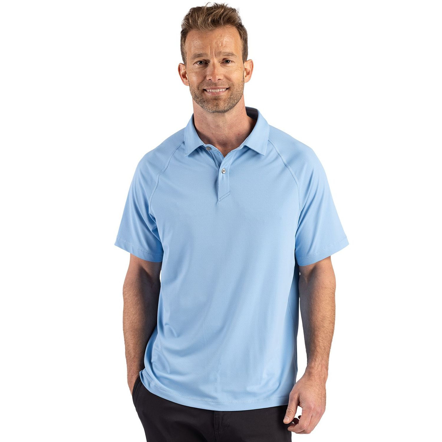 Atlas Cutter & Buck Prospect Recycled Featherlight Stretch Men’s Sport Polo, featuring lightweight recycled stretch fabric with a subtle jacquard texture, self-fabric collar, three-button placket, raglan short sleeves, and a modern athletic fit designed for golf, travel, and everyday performance wear.