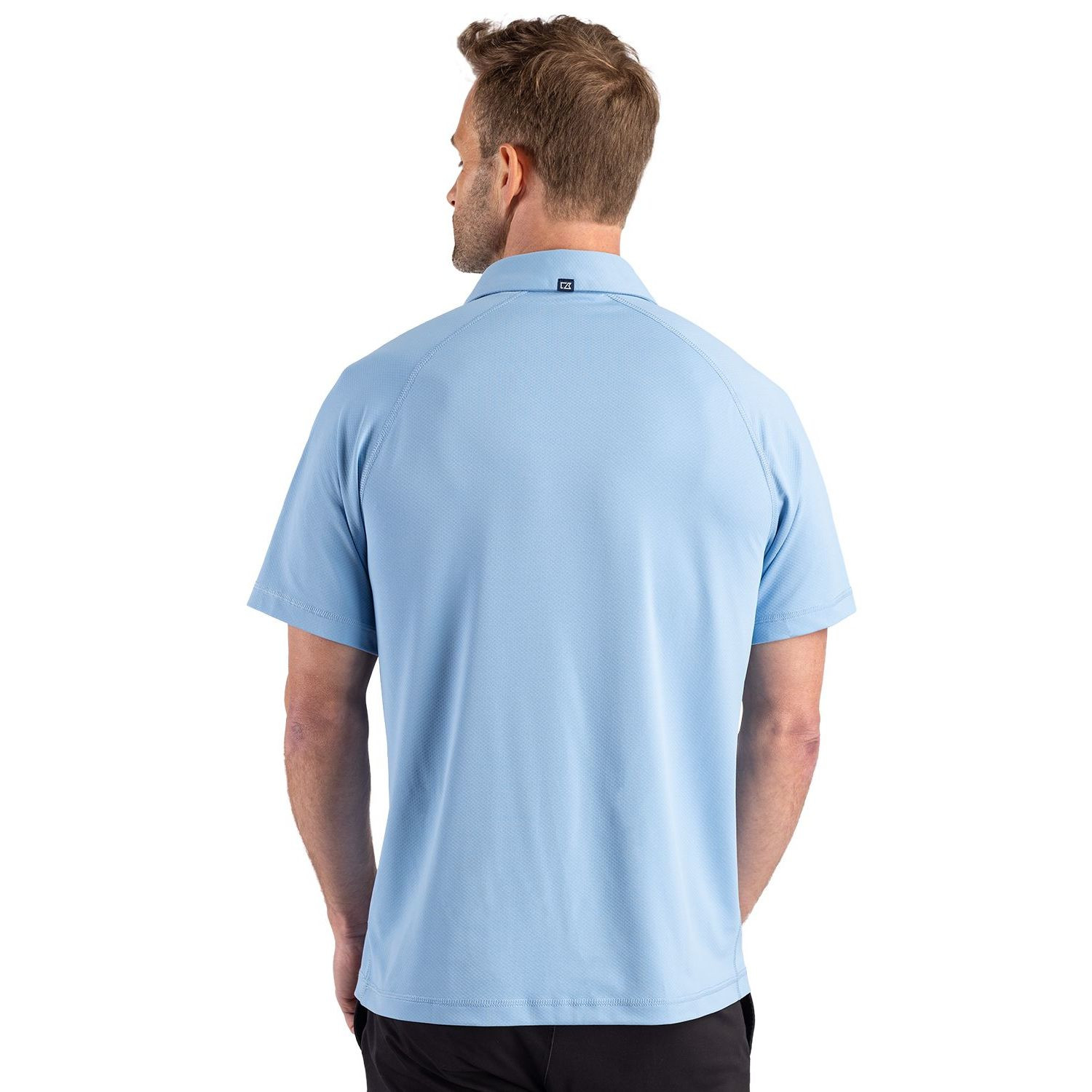 Atlas Cutter & Buck Prospect Recycled Featherlight Stretch Men’s Sport Polo, featuring lightweight recycled stretch fabric with a subtle jacquard texture, self-fabric collar, three-button placket, raglan short sleeves, and a modern athletic fit designed for golf, travel, and everyday performance wear.
