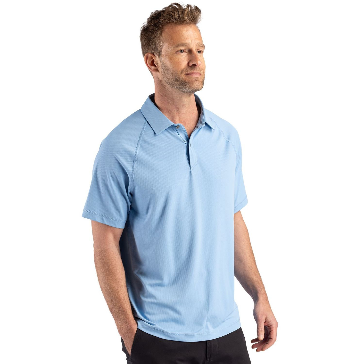 Atlas Cutter & Buck Prospect Recycled Featherlight Stretch Men’s Sport Polo, featuring lightweight recycled stretch fabric with a subtle jacquard texture, self-fabric collar, three-button placket, raglan short sleeves, and a modern athletic fit designed for golf, travel, and everyday performance wear.