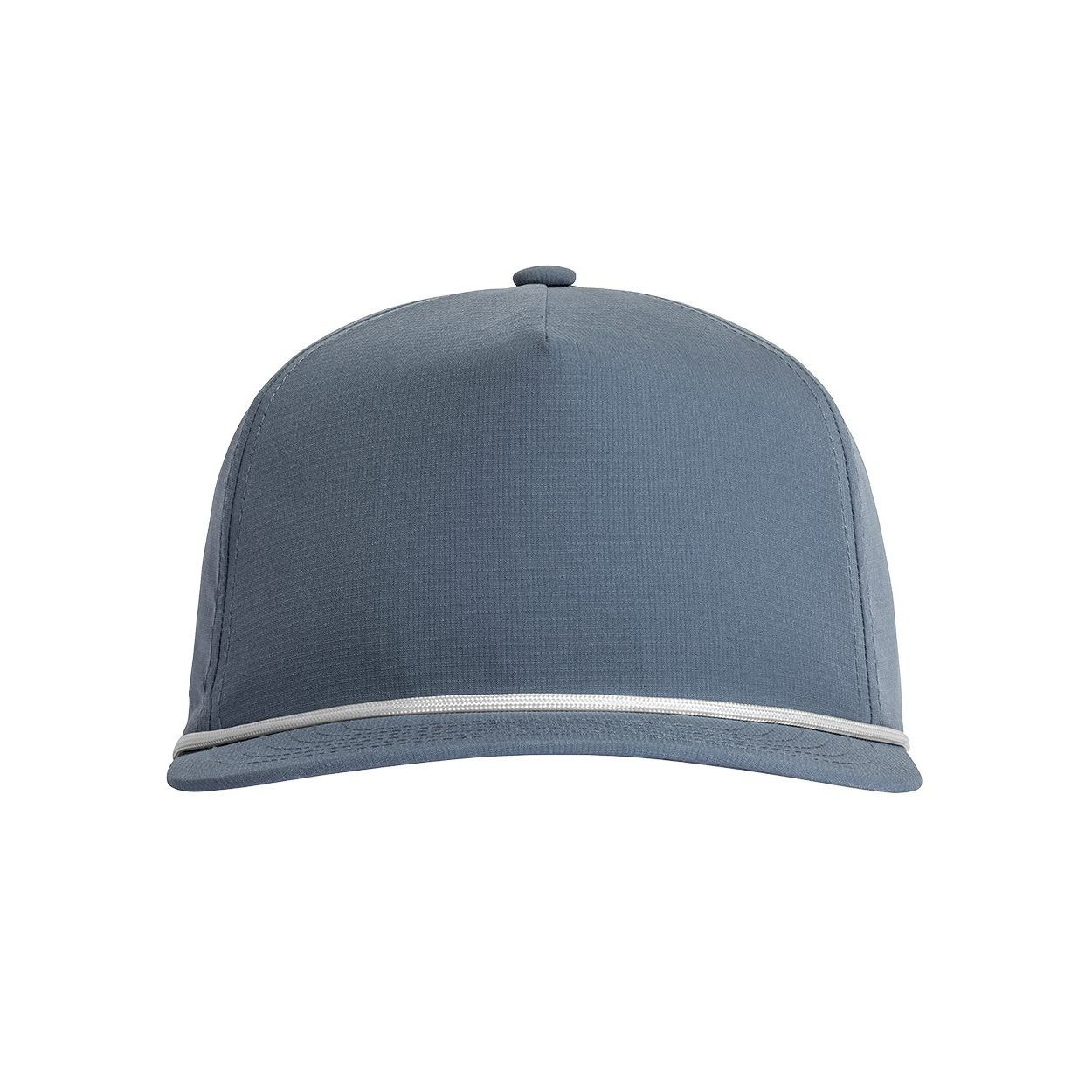 Blue Jean polyester micro ripstop five-panel rope cap with a slightly curved bill, matching rope braid accent, performance sweatband, and adjustable plastic snapback closure.