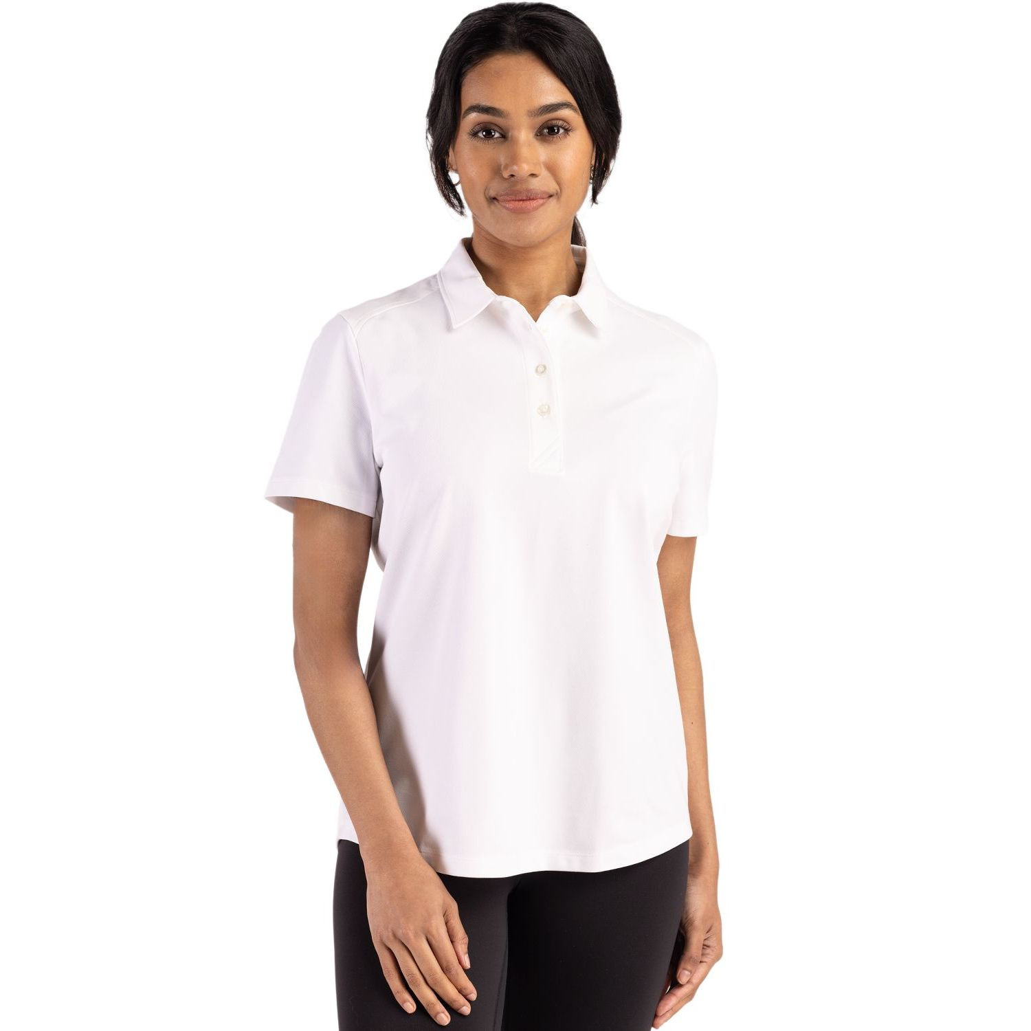 White Cutter & Buck Advantage Refresh Recycled Cotton-Blend Pique Women’s Polo, featuring a soft recycled cotton-blend pique fabric with stretch, self-fabric collar, three-button placket, short sleeves, and a modern feminine fit designed for golf, work, travel, and everyday wear. The moisture-wicking fabric also provides UPF 35+ sun protection for all-day comfort.