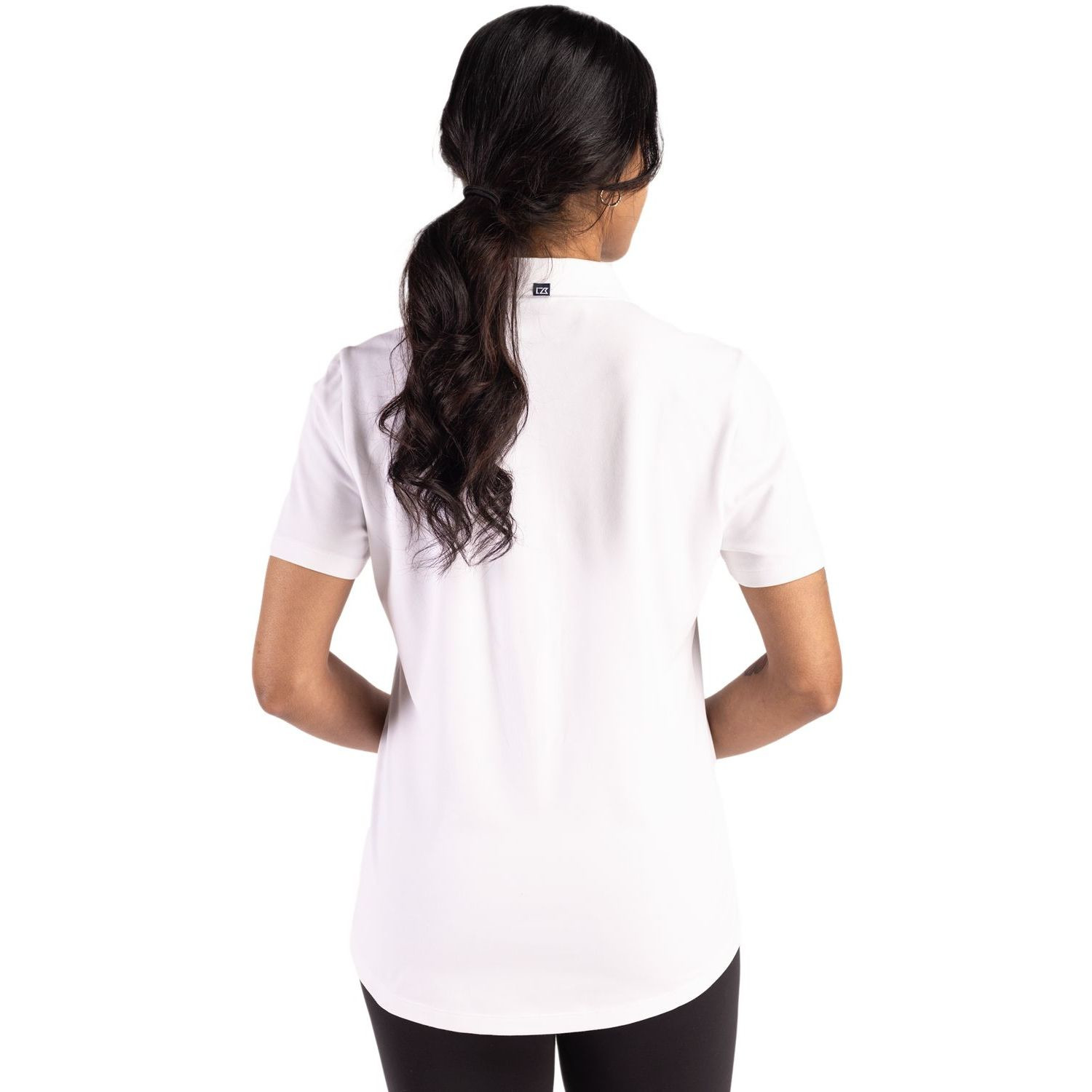 White Cutter & Buck Advantage Refresh Recycled Cotton-Blend Pique Women’s Polo, featuring a soft recycled cotton-blend pique fabric with stretch, self-fabric collar, three-button placket, short sleeves, and a modern feminine fit designed for golf, work, travel, and everyday wear. The moisture-wicking fabric also provides UPF 35+ sun protection for all-day comfort.