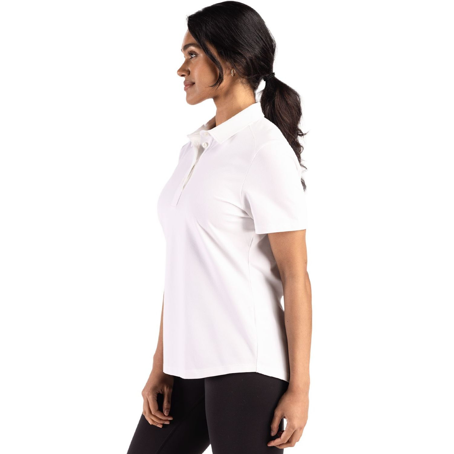 White Cutter & Buck Advantage Refresh Recycled Cotton-Blend Pique Women’s Polo, featuring a soft recycled cotton-blend pique fabric with stretch, self-fabric collar, three-button placket, short sleeves, and a modern feminine fit designed for golf, work, travel, and everyday wear. The moisture-wicking fabric also provides UPF 35+ sun protection for all-day comfort.