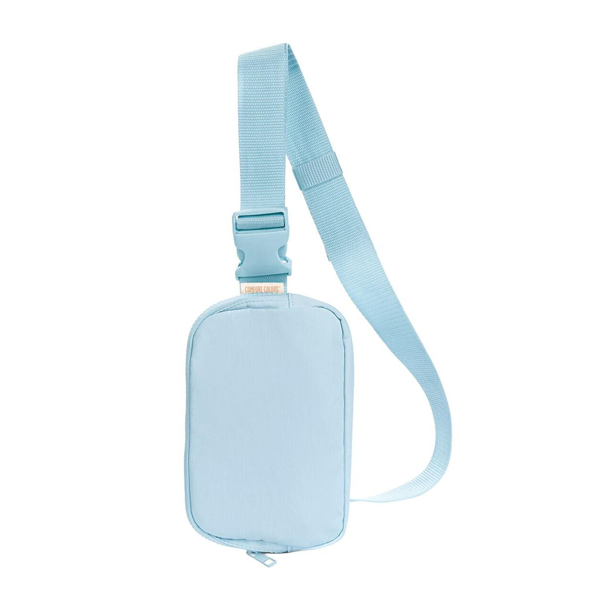 Chambray nylon Taslon sling bag with a smooth matte finish, zippered main compartment, interior pocket, metal zipper pulls, and adjustable waist strap.