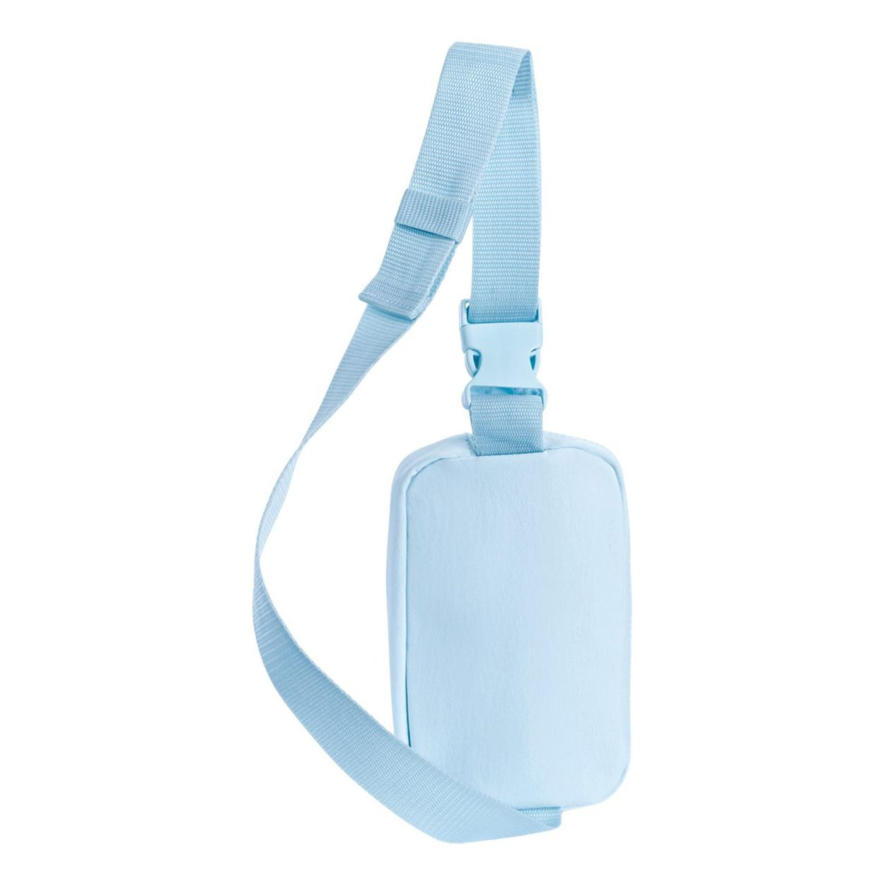 Chambray nylon Taslon sling bag with a smooth matte finish, zippered main compartment, interior pocket, metal zipper pulls, and adjustable waist strap.