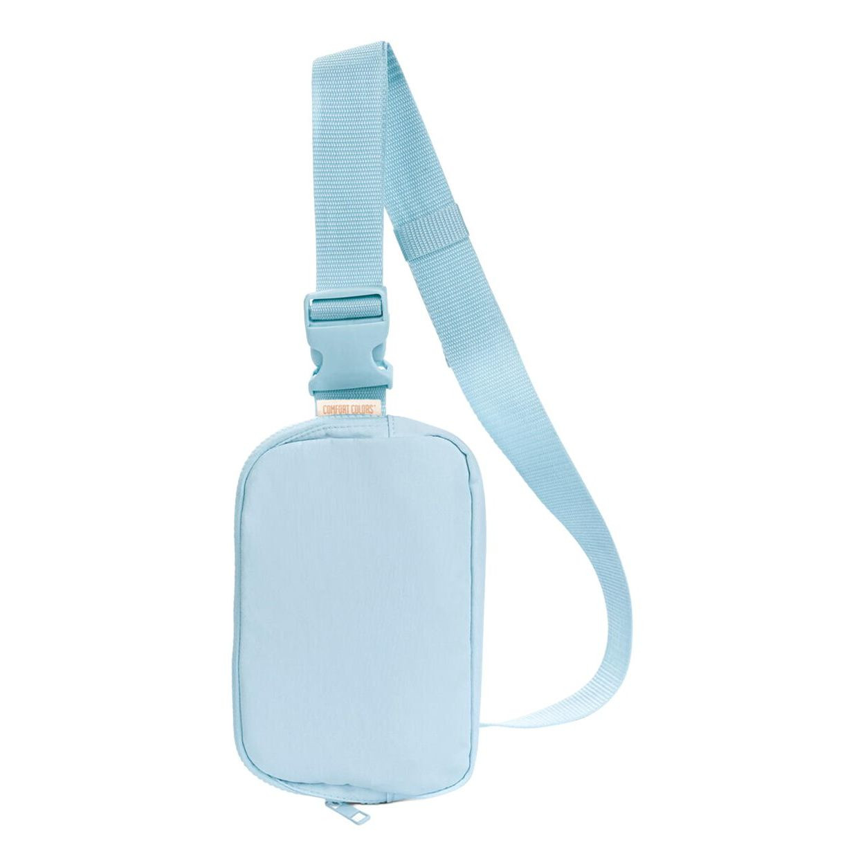 Chambray nylon Taslon sling bag with a smooth matte finish, zippered main compartment, interior pocket, metal zipper pulls, and adjustable waist strap.