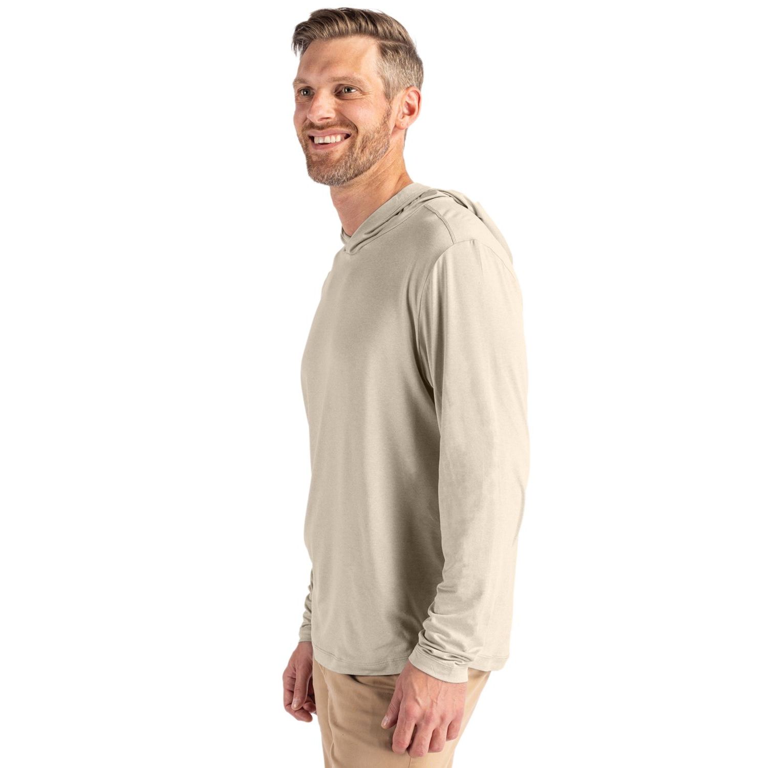 Wheat Cutter & Buck Coastline Recycled Double Peached Men’s Hooded Pullover, featuring ultra-soft recycled double-peached stretch jersey fabric, an attached hood, long sleeves, a lightweight pullover design, and a modern athletic fit for golf, travel, outdoor activities, and everyday wear. The performance fabric offers moisture-wicking comfort, four-way stretch, and UPF 50+ sun protection.