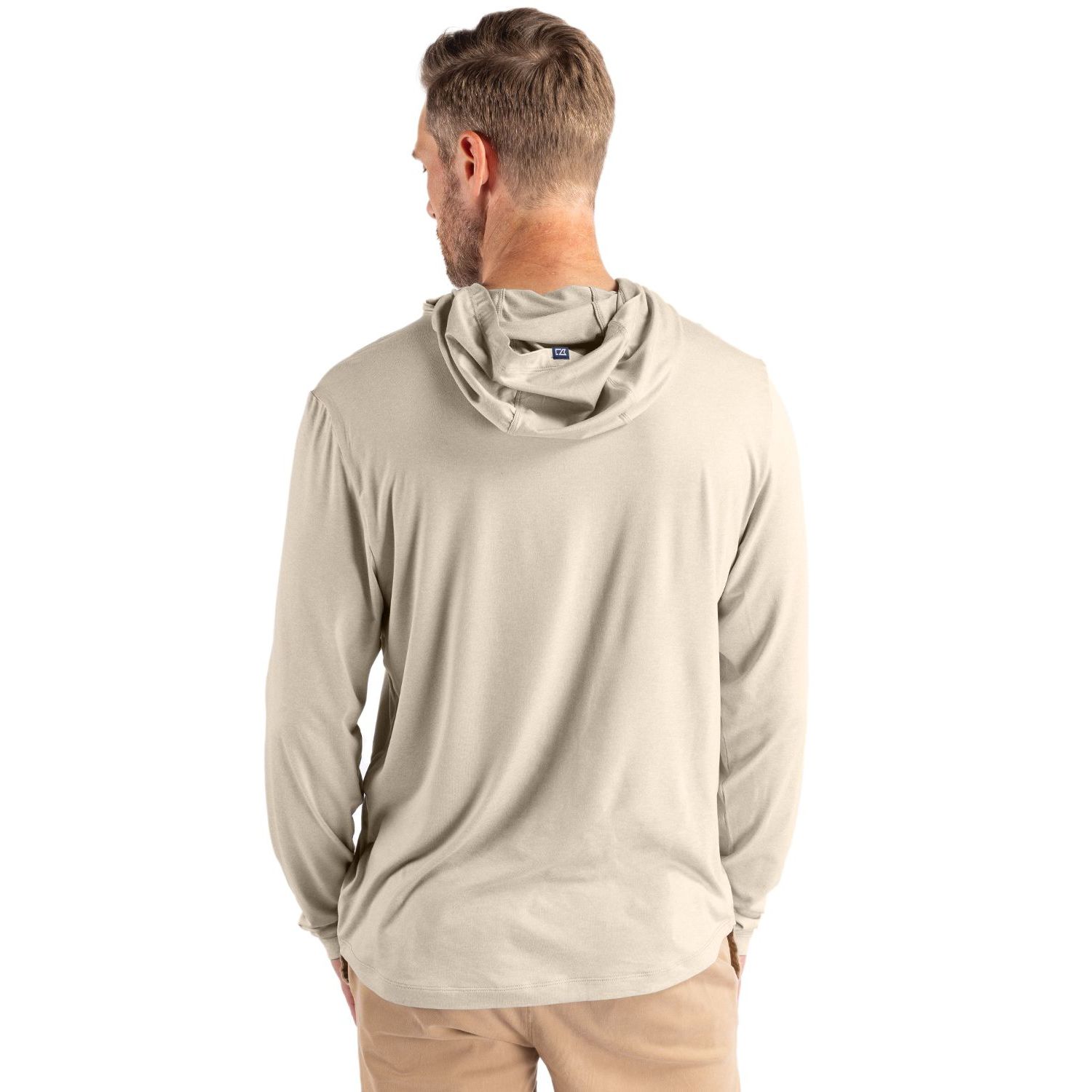 Wheat Cutter & Buck Coastline Recycled Double Peached Men’s Hooded Pullover, featuring ultra-soft recycled double-peached stretch jersey fabric, an attached hood, long sleeves, a lightweight pullover design, and a modern athletic fit for golf, travel, outdoor activities, and everyday wear. The performance fabric offers moisture-wicking comfort, four-way stretch, and UPF 50+ sun protection.