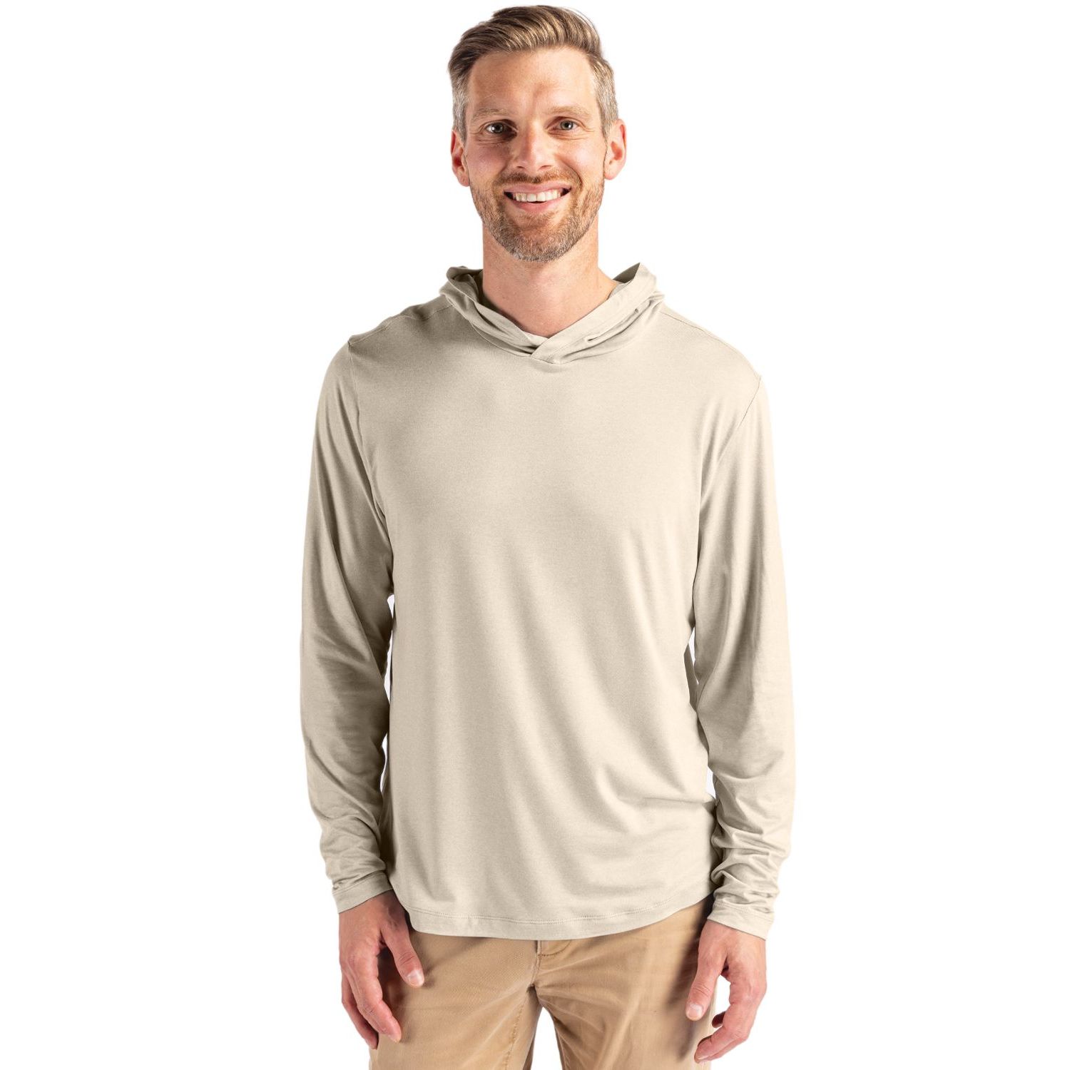 Wheat Cutter & Buck Coastline Recycled Double Peached Men’s Hooded Pullover, featuring ultra-soft recycled double-peached stretch jersey fabric, an attached hood, long sleeves, a lightweight pullover design, and a modern athletic fit for golf, travel, outdoor activities, and everyday wear. The performance fabric offers moisture-wicking comfort, four-way stretch, and UPF 50+ sun protection.