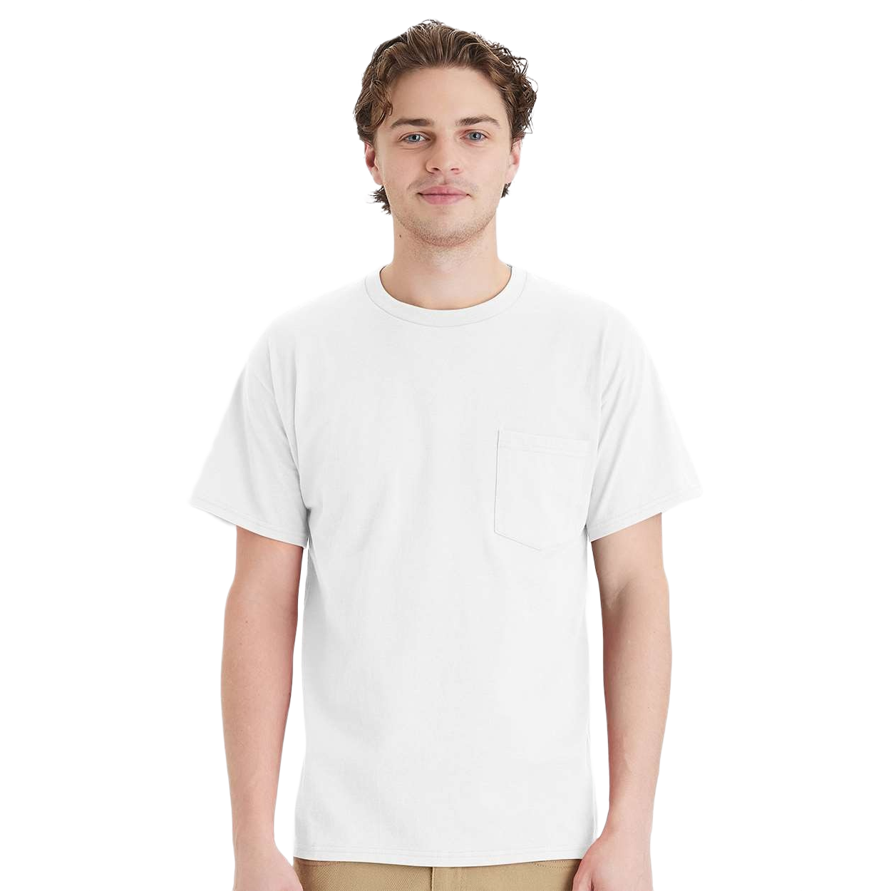 White cotton pocket T-shirt with a five-point left chest pocket, crew neckline, short sleeves, tear-away label, and durable double-needle stitched hem displayed on a white background.