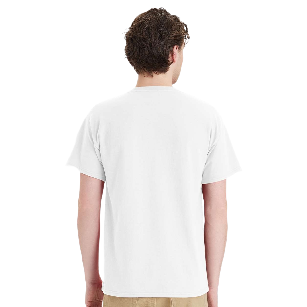 White cotton pocket T-shirt with a five-point left chest pocket, crew neckline, short sleeves, tear-away label, and durable double-needle stitched hem displayed on a white background.